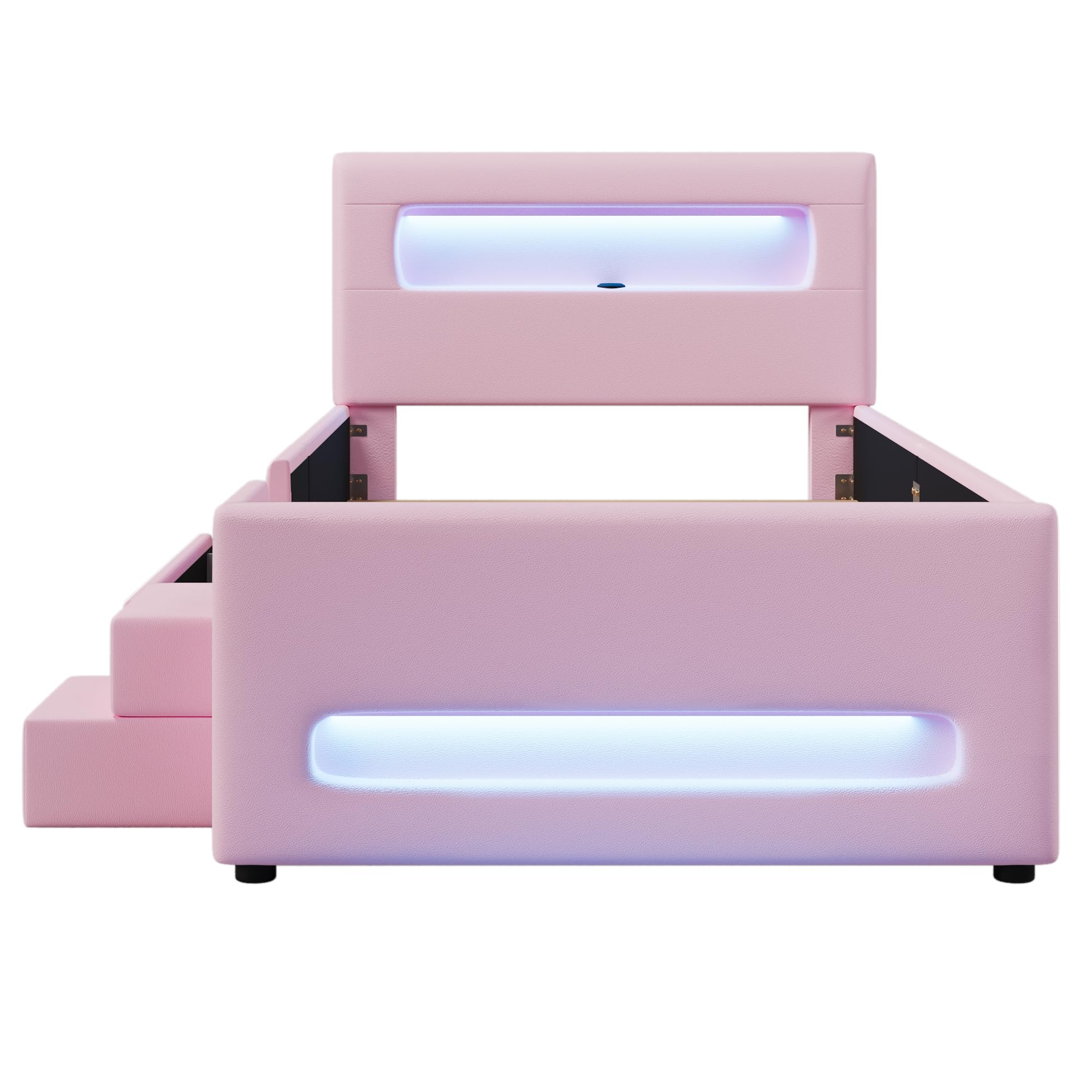 Letto a piattaforma imbottito (90 x 200 cm) con scale, cassetti, strisce luminose a LED e tasche portaoggetti (rosa)