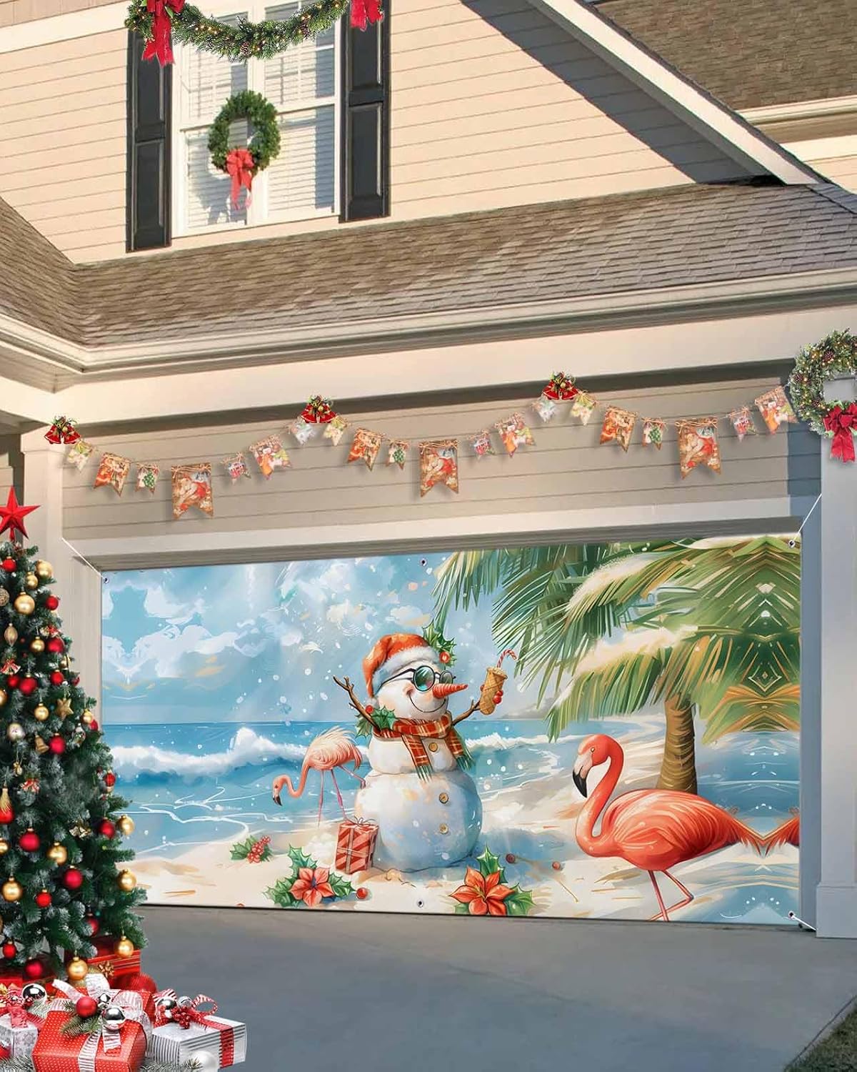 Christmas Garage Door Banner Cover Decorations,Snowman Beach Flamingo Flower Palm Tree Blue Outdoor Hanging Garage Door Covers Christmas Thanksgiving Large Wall Backdrop for Holiday Party,6.8x8ft