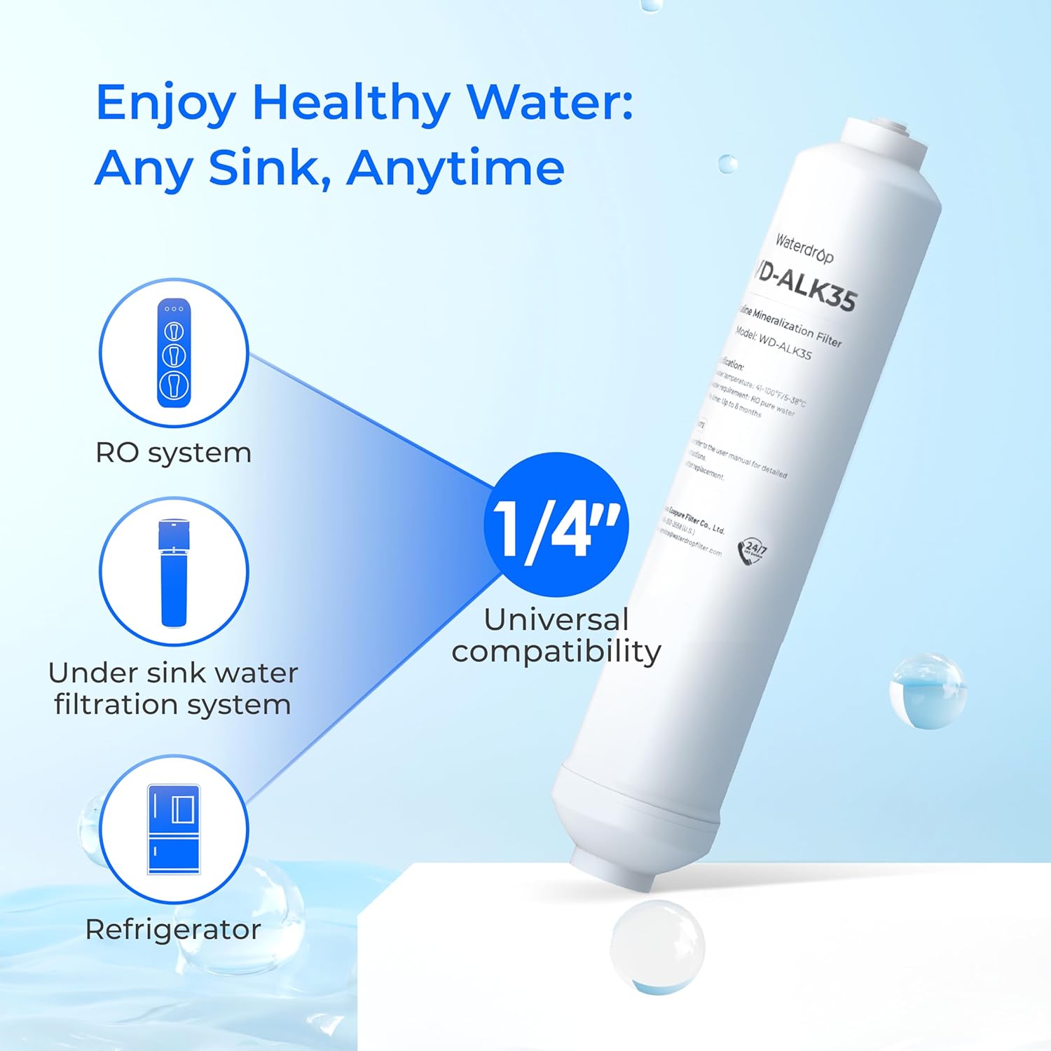 Waterdrop PMT Small Water Pressure Tank with Alkaline Water Filter WD-ALK35, RO Pressure Tank for All Tankless Reverse Osmosis System, Mini Reverse Osmosis Storage Tank, Bundle