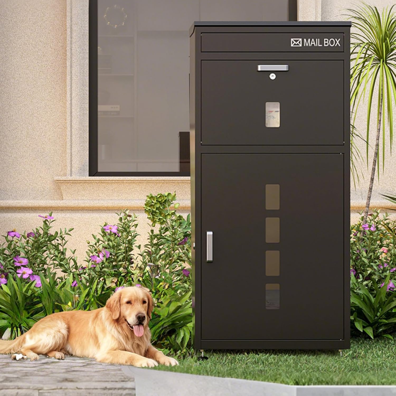 Large Package Delivery Boxes for Outside 42''H Anti-Theft Galvanized Steel Delivery Boxes for Outside with Mail Slot Adjustable Feet Waterproof Delivery Box with Delivery Sign For Porch Office