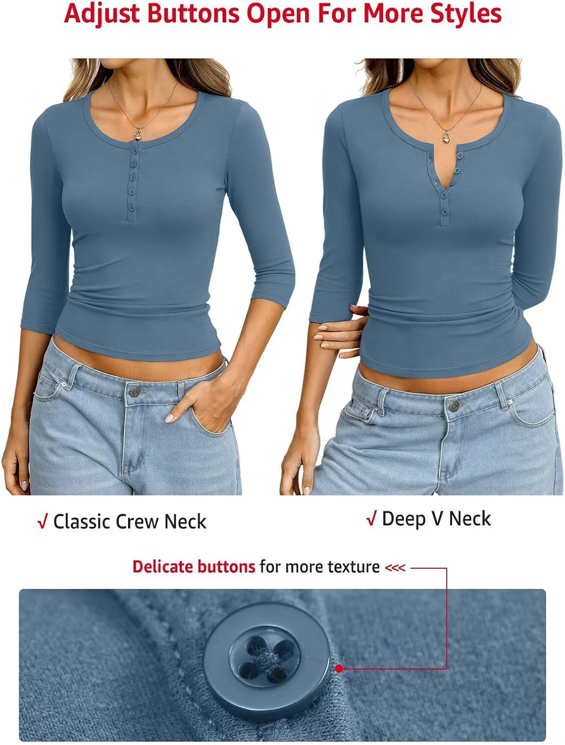 Womens Cotton 3/4 Length Sleeve Henley Tops Slim Fit V Neck T Shirts Basic Going Out Tee Summer Trendy Outfits - Image 3