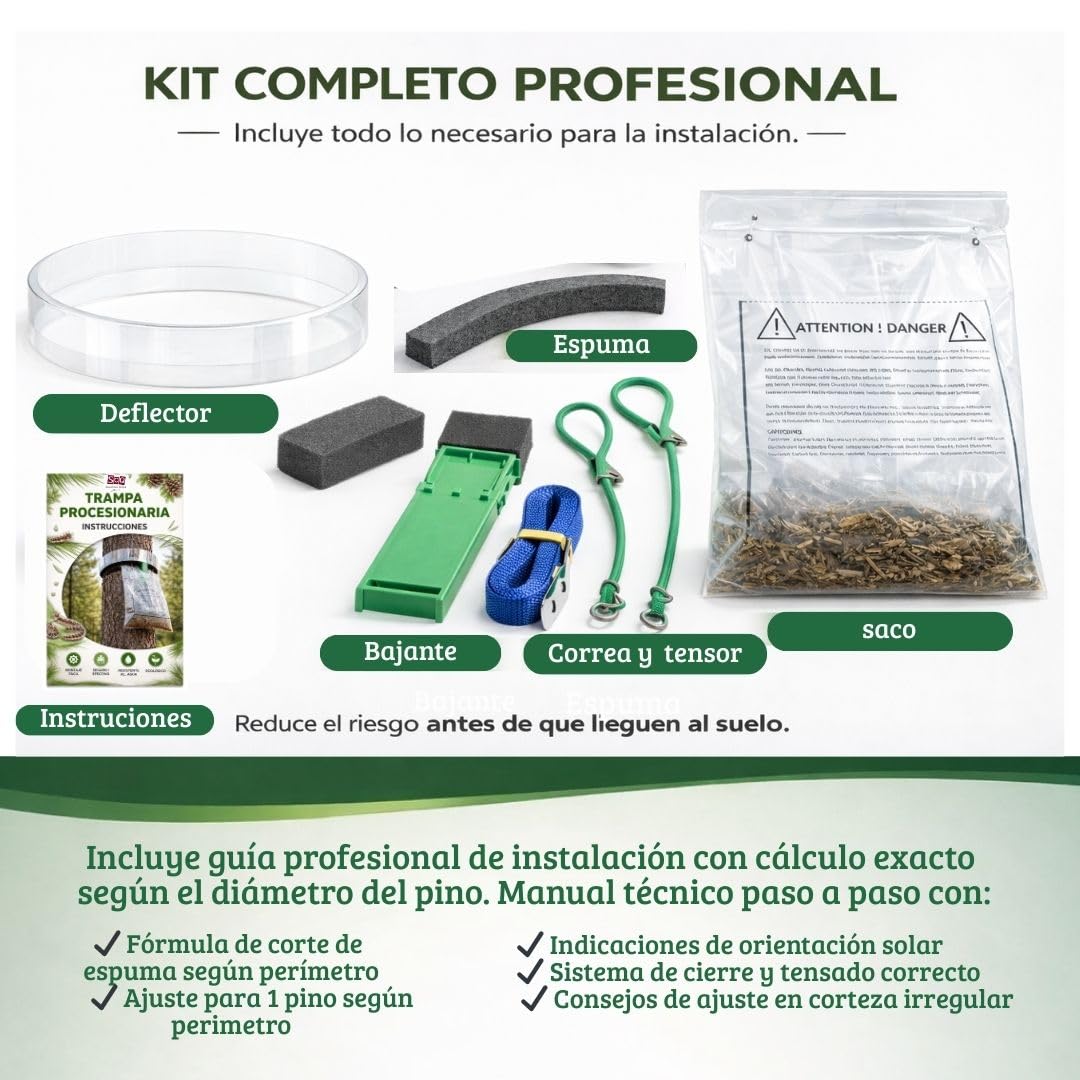 Trampa Procesionaria del Pino Profesional | Kit Completo + guia Instalación | hasta 140 cm de Perímetro | Sistema Ecológico de Alta Eficacia contra la Oruga Procesionaria (ECOLOGICO, 1.0, Unidad)