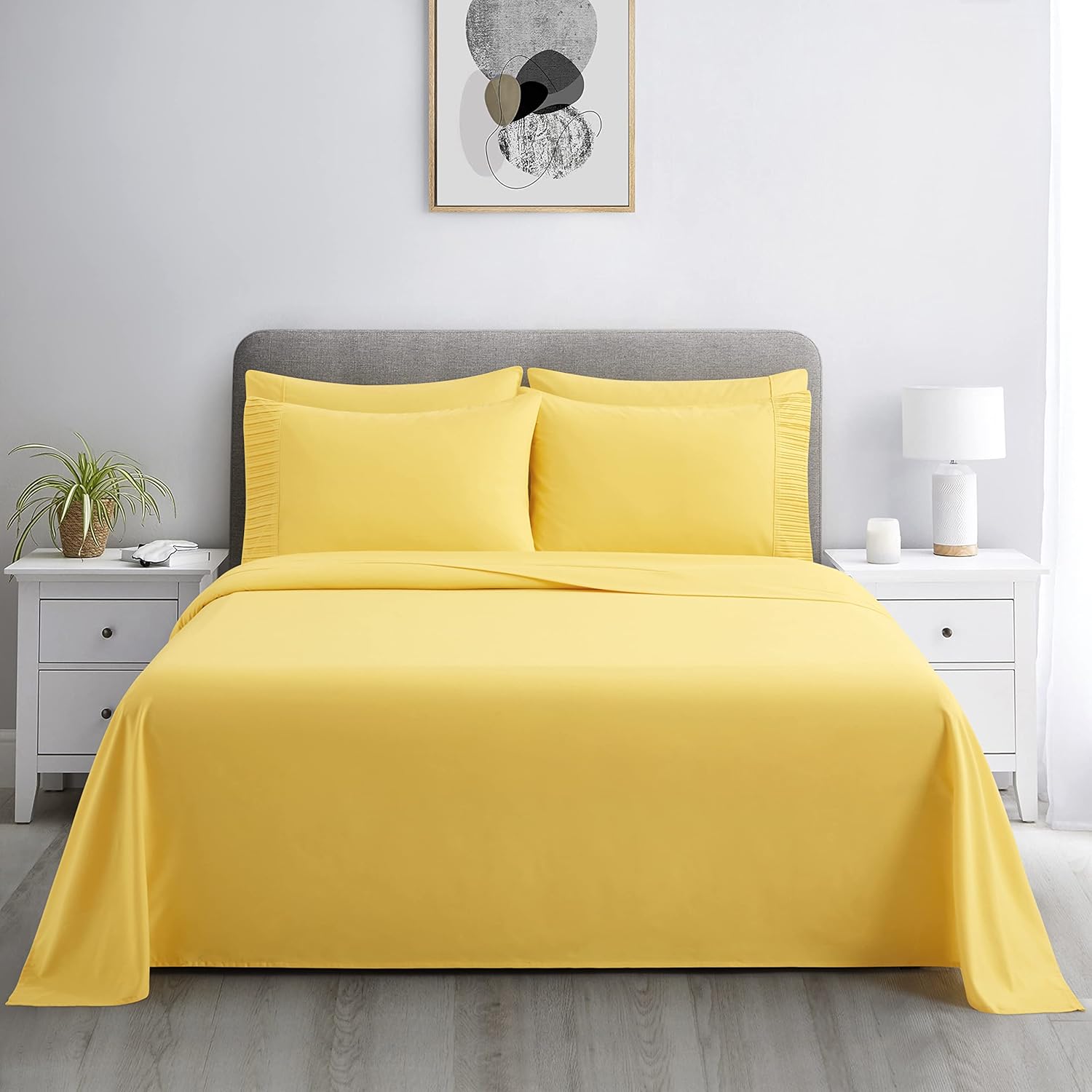 Marina Decoration Ultra Soft Silky Deep Pocket Solid Rayon from Bamboo All Season 6 Pieces Sheet Set with 4 Pillowcases, Yellow Color Queen Size