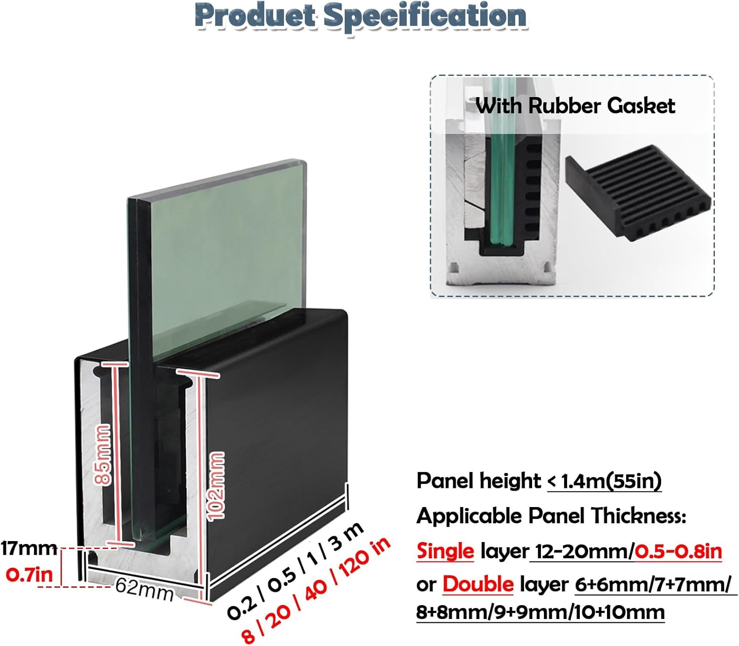 Aluminum Glass Balustrade Brackets - Sturdy Post Clamps for Pool Fencing, 40in Long Base Rail Standoff, Ideal for Stair/Platform Glass Railing (Black)