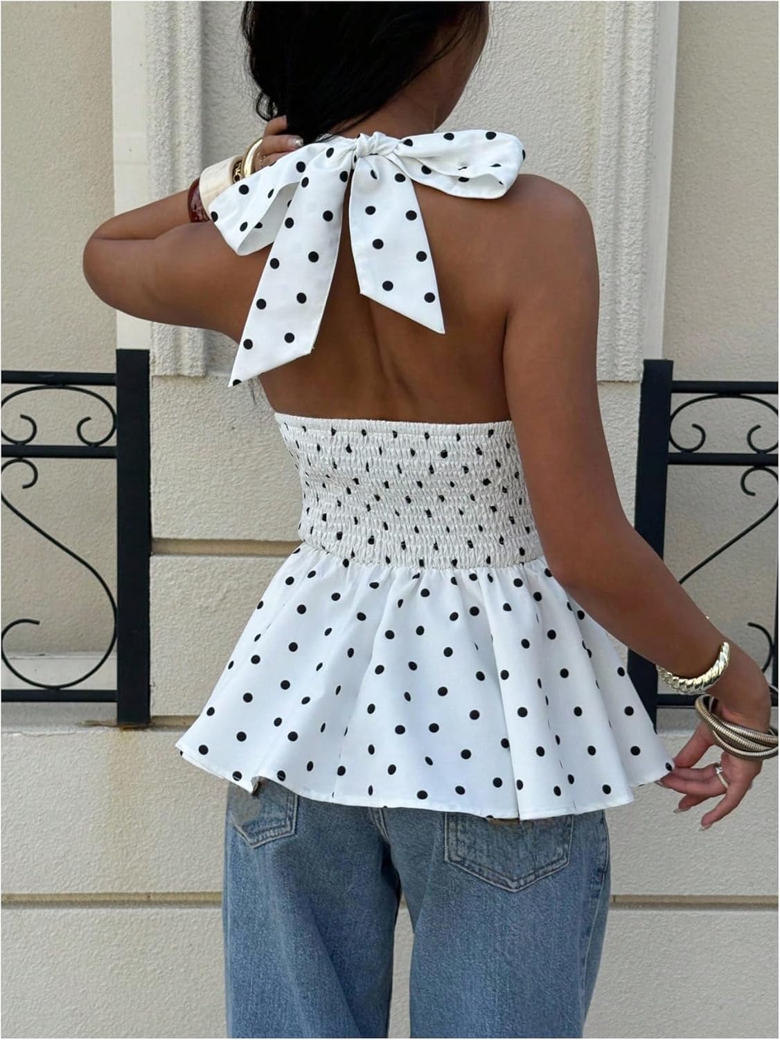 Women's Polka Dots Halter Tops Y2k Shirred Tie Backless Ruffle Sleeveless Peplum Shirts - Image 2