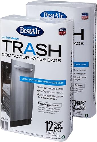 BestAir WMCK1335012-2 Heavy Duty Trash Compactor Bags, 16 D x 9 W x 17 H, Pack of 2 24 Bags