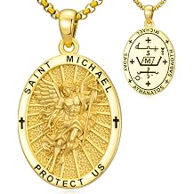 KQ&TTENG St. Michael Archangel Necklace 14k Gold Plated Round/Oval/Abalone/Shield Saint Michael Pendant Catholic Christian Protection Jewelry Gifts for Men Women