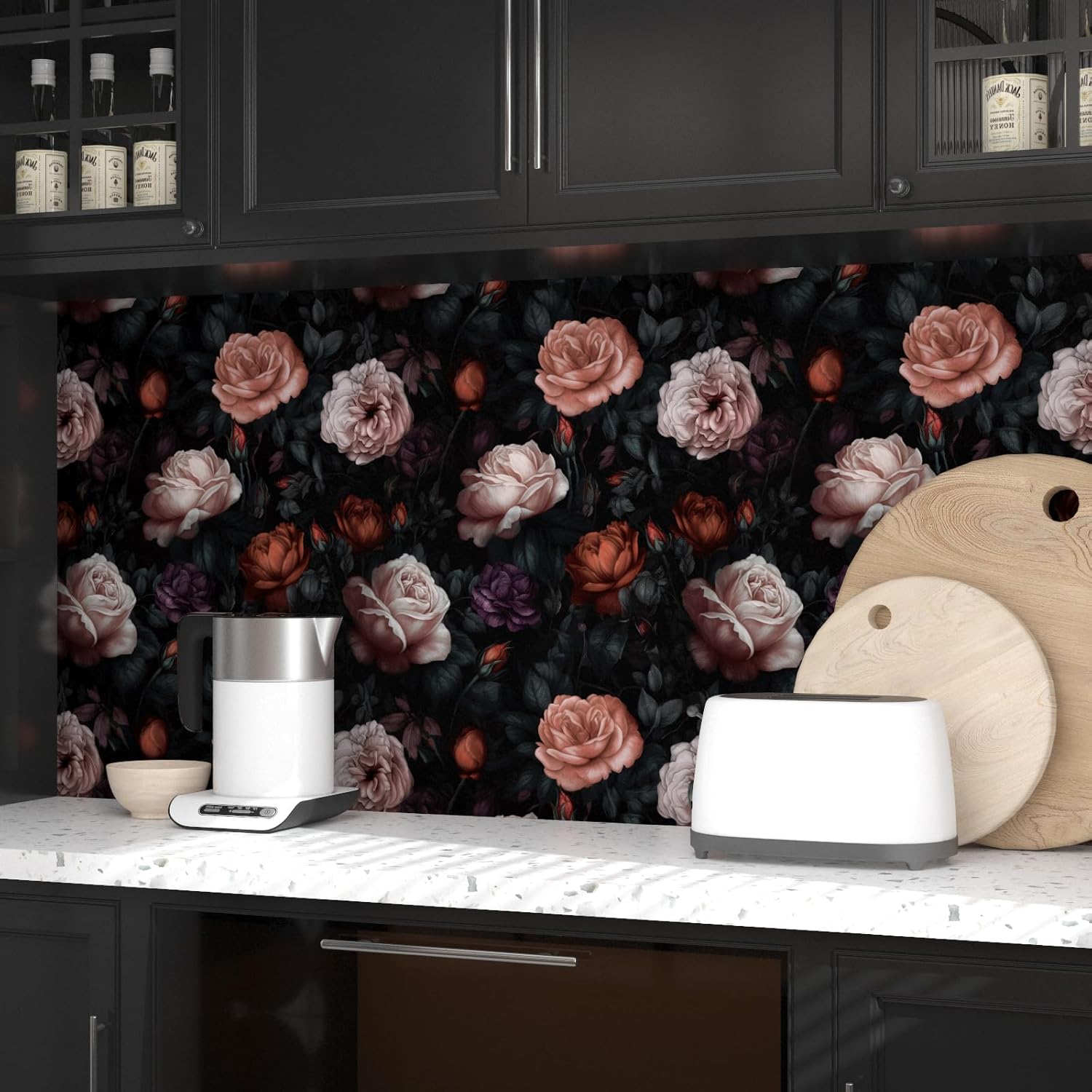 BOKEBEVE Extra Long Rose Floral Contact Paper Wallpaper Peel and Stick Vintage Boho Wall Paper for Countertop Cabinet Renter Friendly Removable Self Adhesive Black Red Pink 17.5 x 393.5In