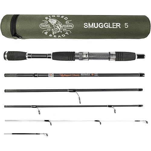 Rigged & Ready Smuggler Series Travel Fishing Rod – Portable, Super Compact Bass, Carp & Lure Spinning Rod with 5 Poles + Case, 2 or 4 Tips for Freshwater & Saltwater Fishing