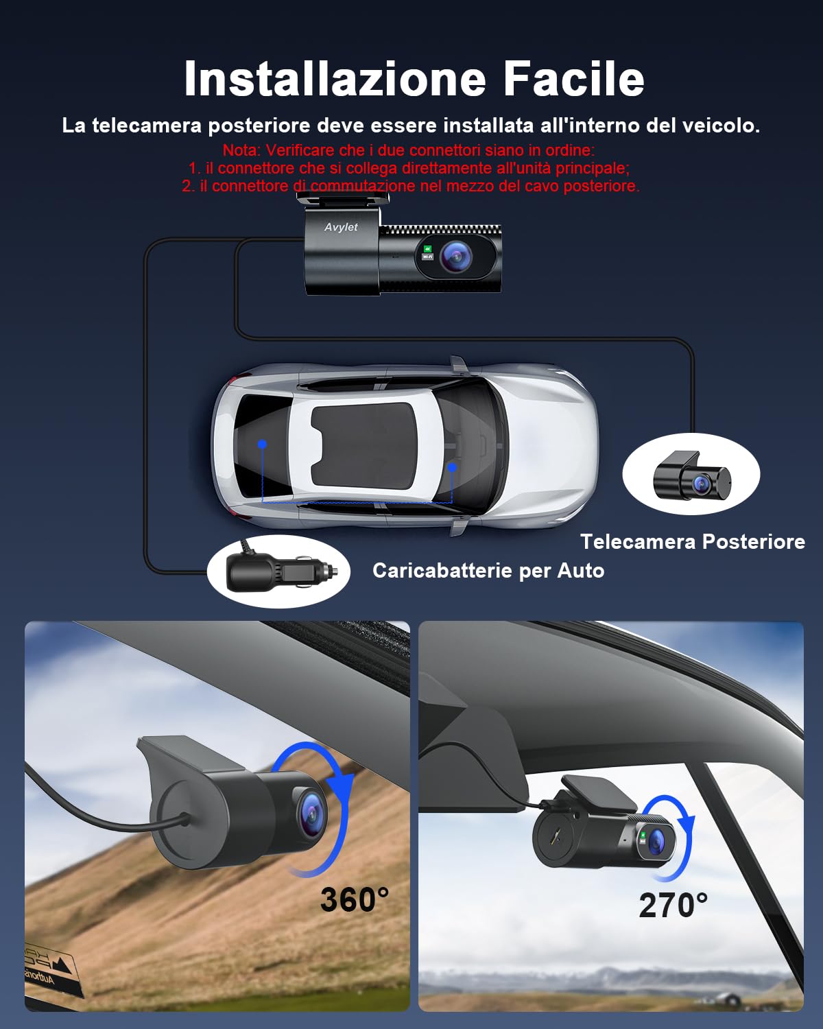 Avylet Dash Cam Auto 4K+1080P Anteriore e Posteriore, Schermo da 1,5", WiFi 5GHz, Grandangolo 170°+150°, Visione Notturna, Modalità Parcheggio 24H, WDR, App, G-Sensor, Loop, Supporta 256GB