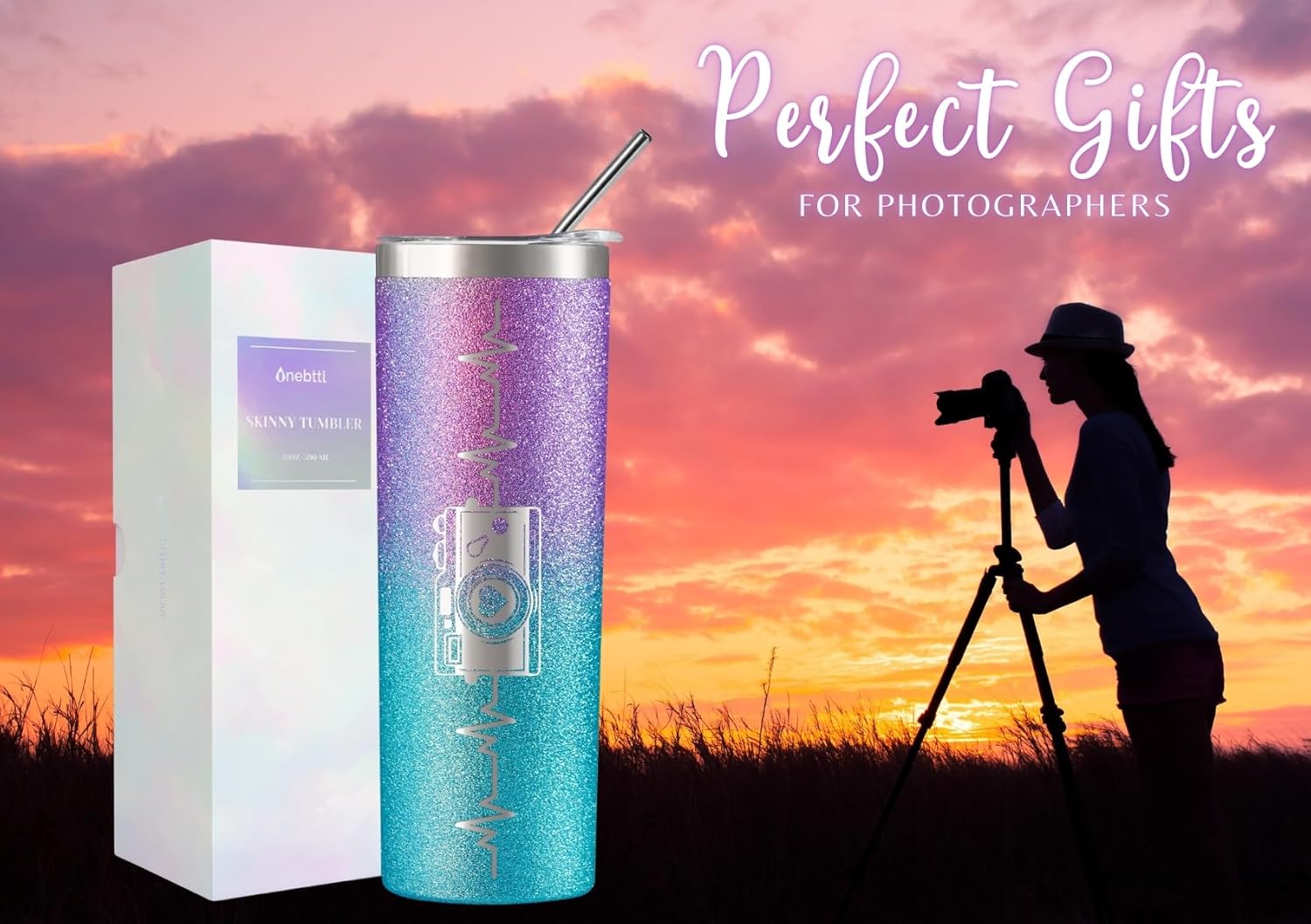 Onebttl Photography Gifts for Photographers for Women, 20oz Stainless Steel Insulated Skinny Tumbler with Straw & Lid - Glitter - Image 2