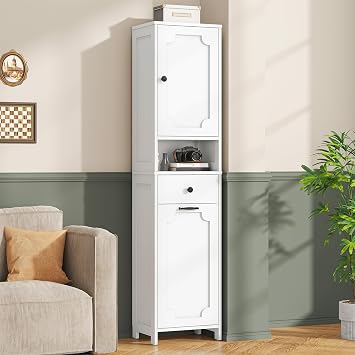 66.9 Tall Bathroom Cabinet with Laundry Basket, Freestanding Bathroom Storage Unit with Drawer Door and Shelves, Tilt-Out Laundry Hamper with Upper Storage Cabinet, White