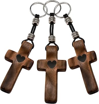 3 PCS Christian Cross Keychain for Women,Wooden Pocket Cross Fidget Keychain for Men,Cross My Heart,Small Jesus Keychains for Encouragement,Stress/Anxiety Relief,Christmas Gift Family