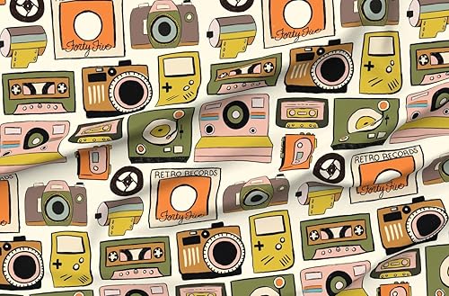 Spoonflower Tela Cinta de cassette Cámaras Retro Fotografía Música Analógica Vintage Impreso en Tela de Algodón Pétalo por The Yard Coser