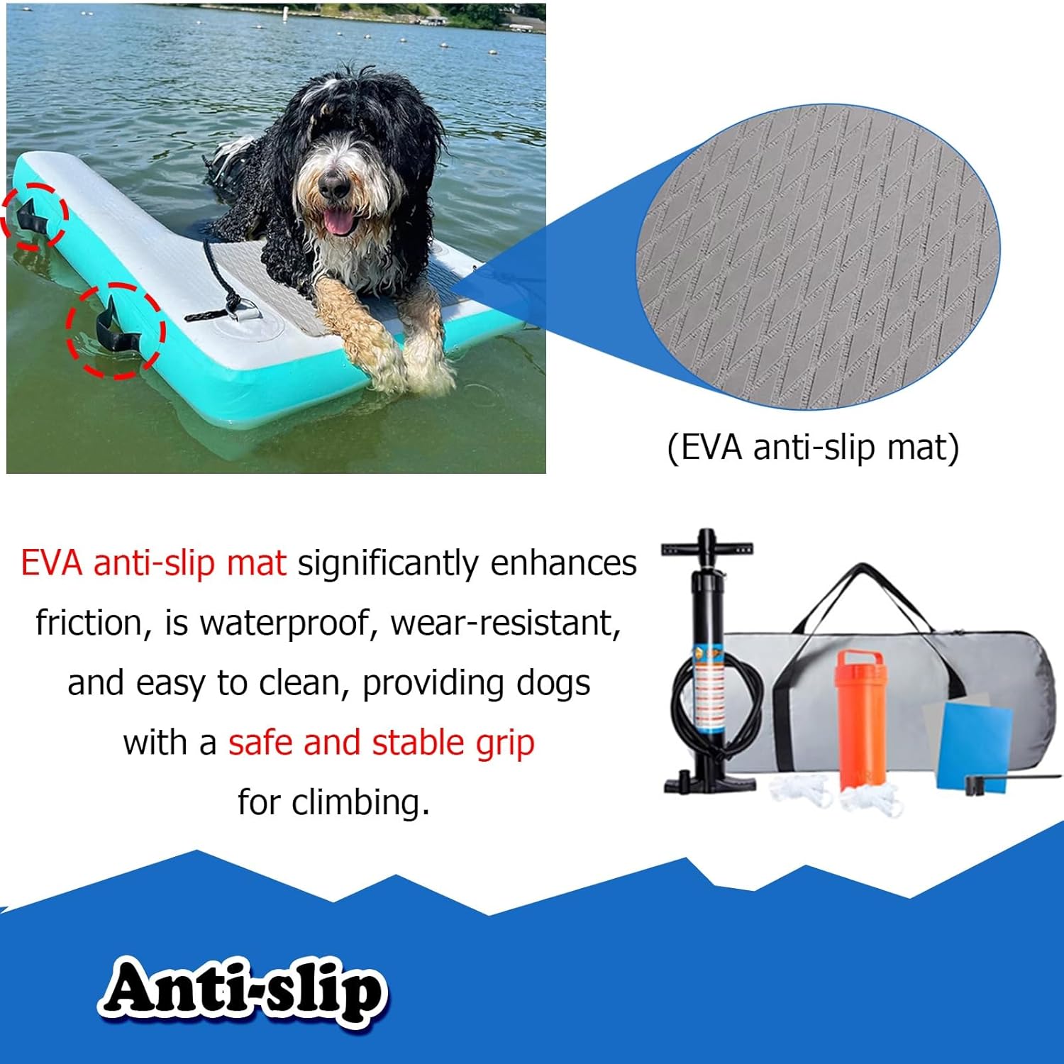Non-Slip Dog Pool Ramp with Pump/Storage Bag/Rope/Repair Kit, Dog Inflatable Floating Ramp, Large Pet Dock Platform for Lakes/Docks/Boats(Color 3)