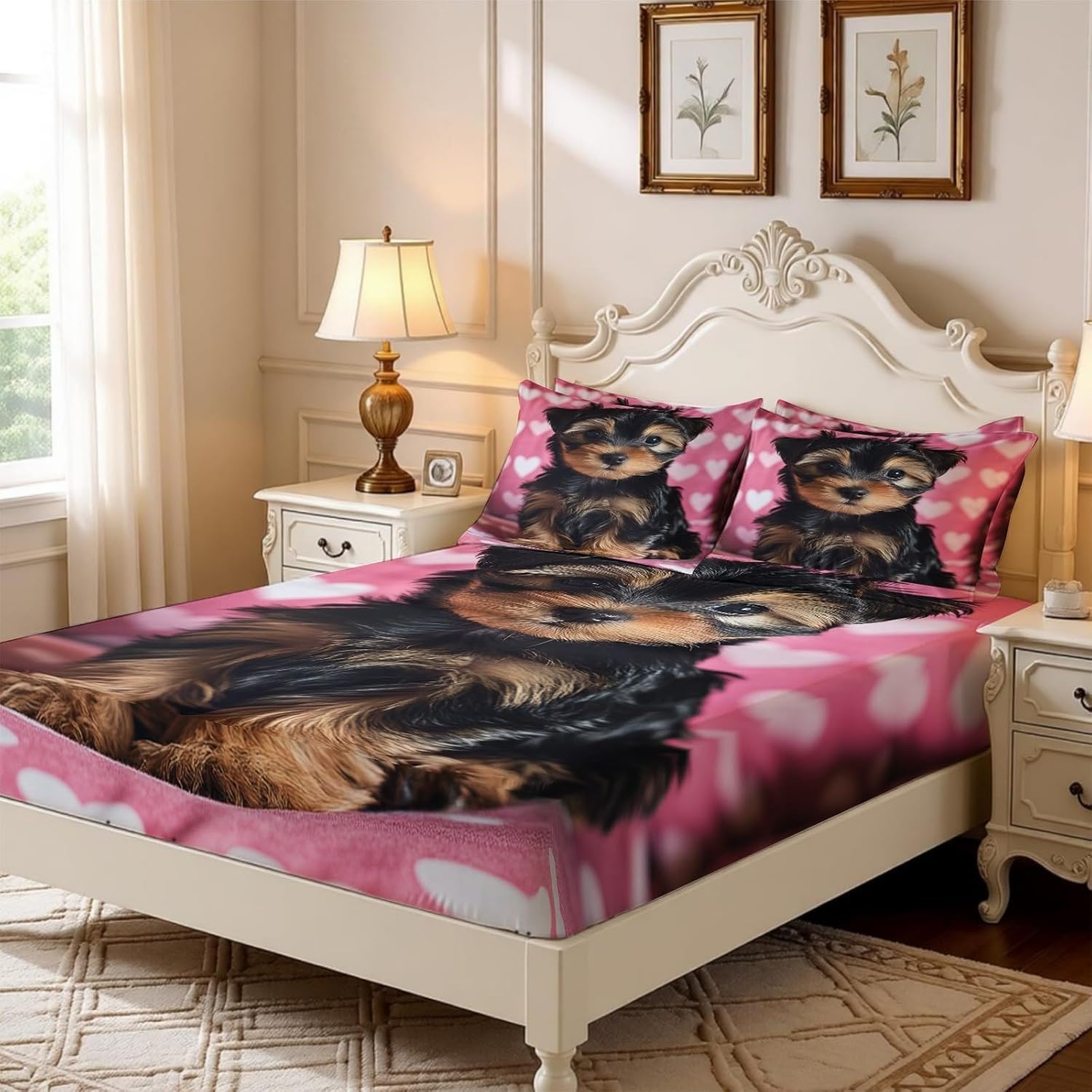 Sabana Bajera 150x190 Animales Sabanas Bajeras Estampadas Perros Sábana Bajera Ajustable Suaves, Elastico Funda Colchon con 2 Funda Almohada 50x80 cm, para Colchón de 30cm de Altura