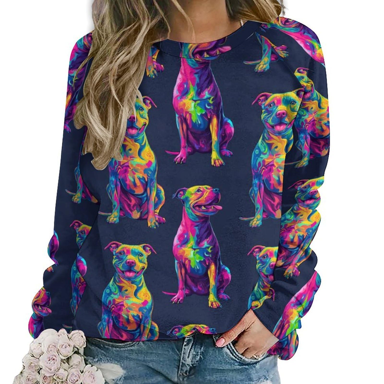 Sweat pour femmes imprimé graffiti pitbull fluo à col rond - 8