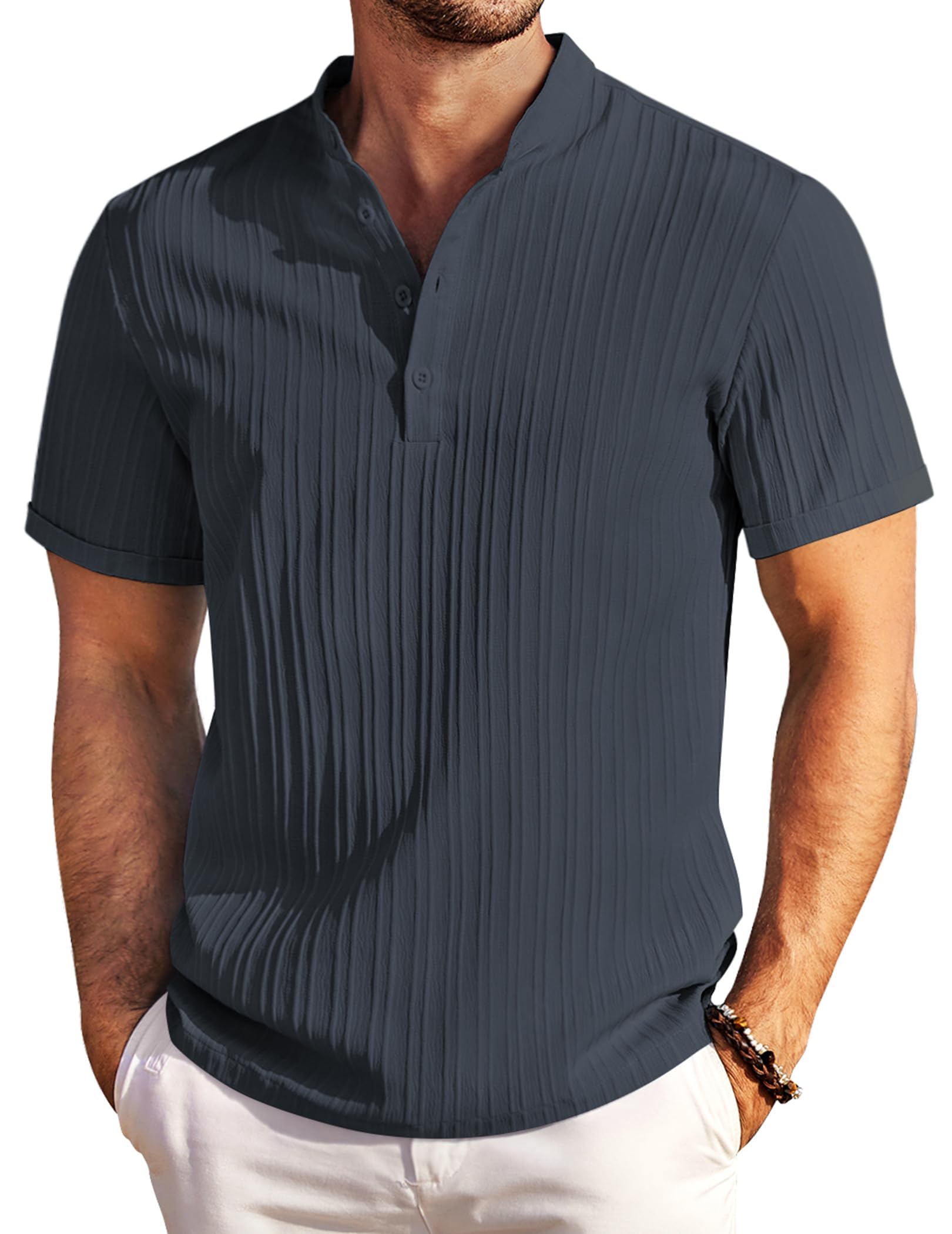 Men Casual Henley Tee Shirt Short Sleeve Band Collar Summer Beach Textured T-Shirt