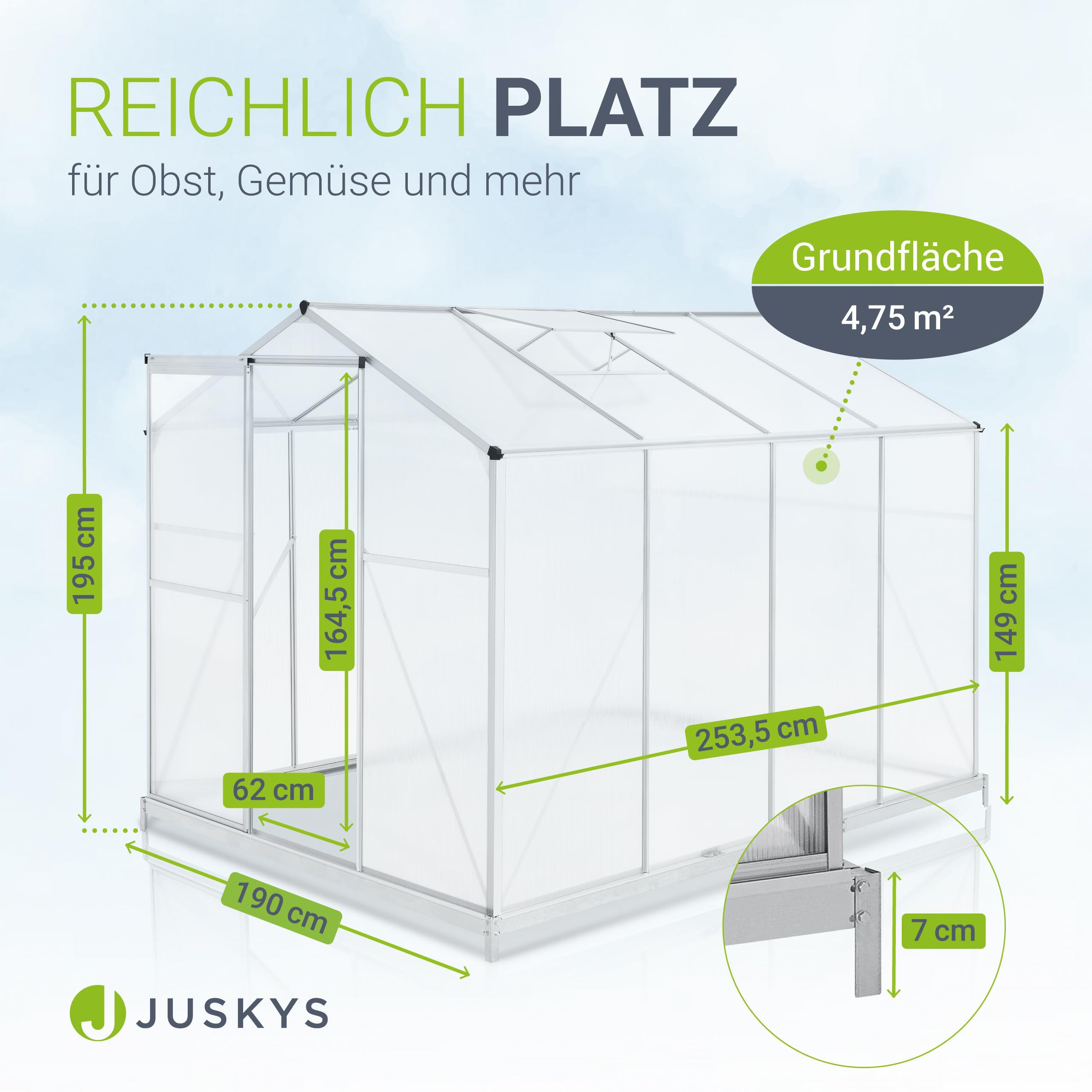 JUSKYS® Aluminium Gewächshaus mit Fundament 4,75 qm - 190 × 253 cm - 1 Dachfenster & Schiebetür - 4 mm Platten - Garten Treibhaus Pflanzenhaus
