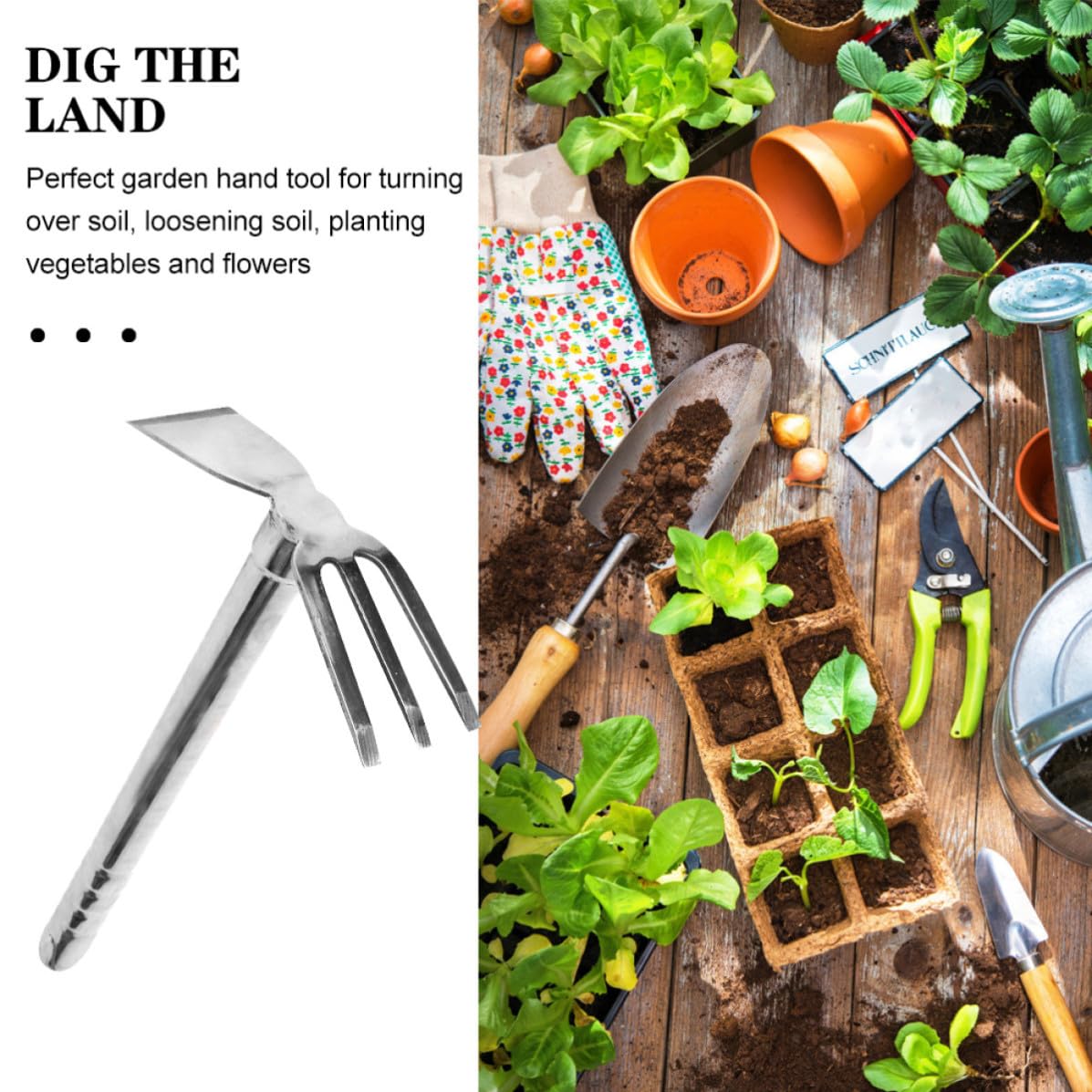Azada de Acero Inoxidable para Jardinería Mango Resistente, Adecuado para Cavar, Remover Tierra y Plantar Flores Jardín