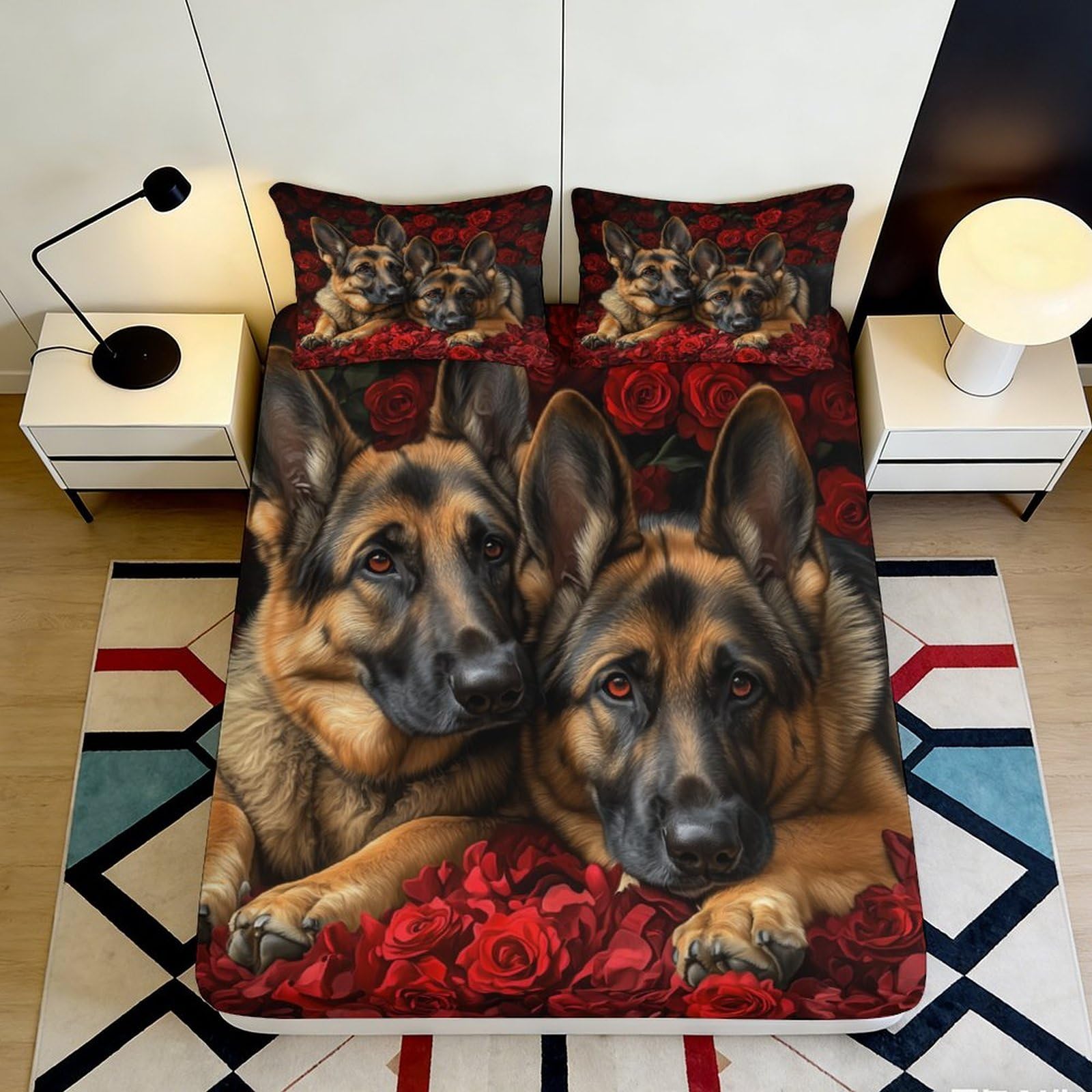 3D Printed German Shepherd Rose Fitted Sheet Microfiber Soft Mattress Cover Adult Teen Bedroom Decor 120x200cm 200x200x25cm