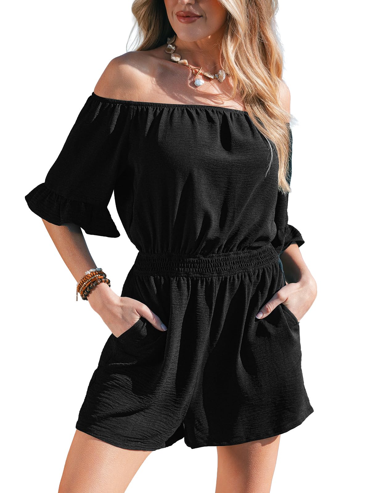CUPSHE Enterizo de manga corta con hombros descubiertos y cintura elástica para mujer, estilo casual, para verano, vacaciones, con bolsillos