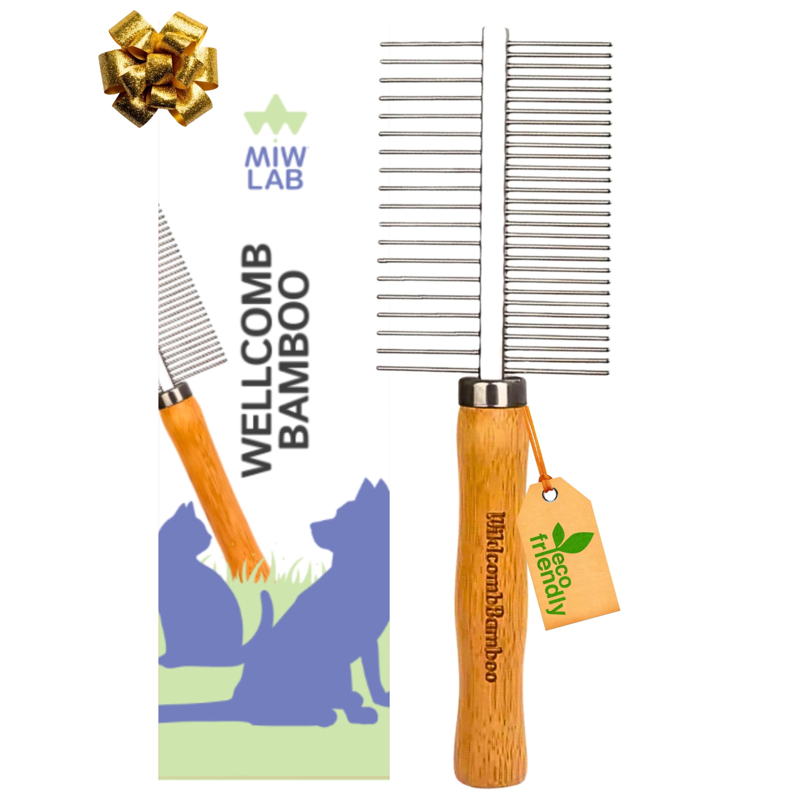 Double Bamboo and Stainless Steel Grooming Comb for Dogs and Cats Wood Brush Eco Long Short and Medium Hair for Detangling Stimulating Resistant Anti Shedding Dog and Cat Hair (17 x 5 cm)