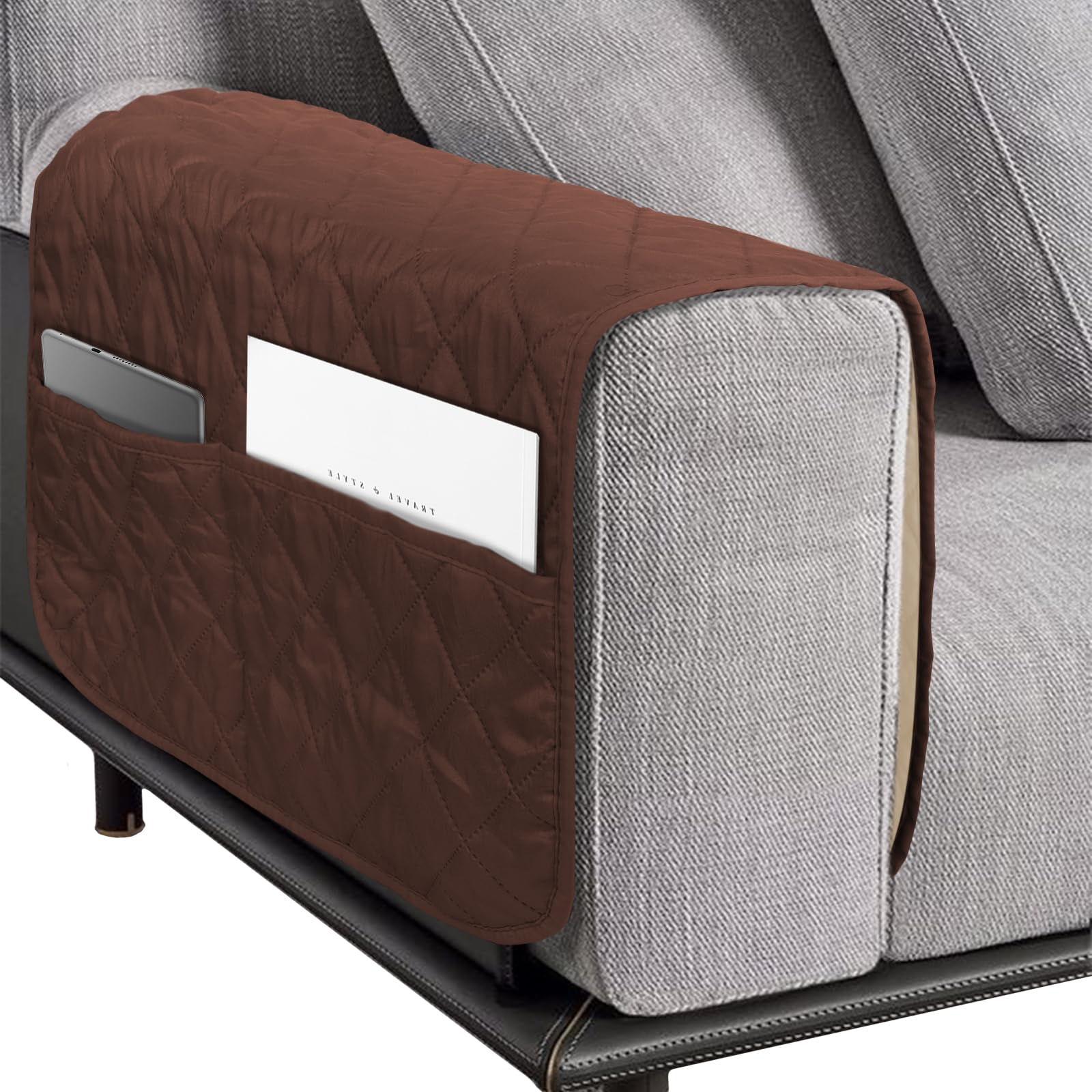 Nicola Dark Brown (50Cm X 110Cm) Sofa Armrest Cover 1Pc Dark Brown Arm Rest Chair Covers, Waterproof Chair Armrest Covers With Pockets For Sofa, Recliner Chair, Armchair (Dark Brown)