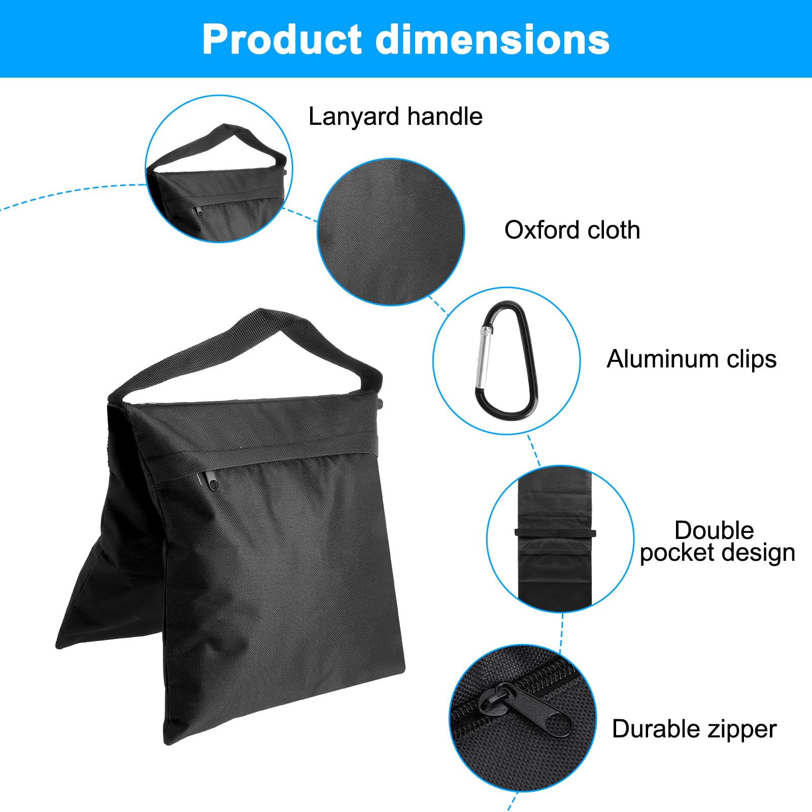 Lot de 4 sacs de sable pour lestage avec 4 crochets d'escalade et 8 sacs de fermeture, poids pour tonnelle, sac de sable pour studio photo, extérieur, pavillon et lestage de tente