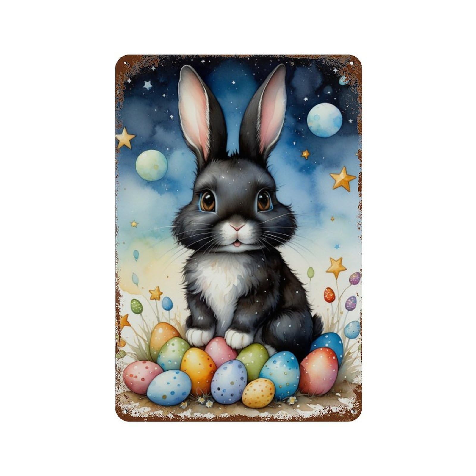 Vintage Rust Metal Sign with Easter Bunny with Eggs Design 11.8"x7.9", for Office, Studio And Wall Decor, Farmhouse Wall Decor