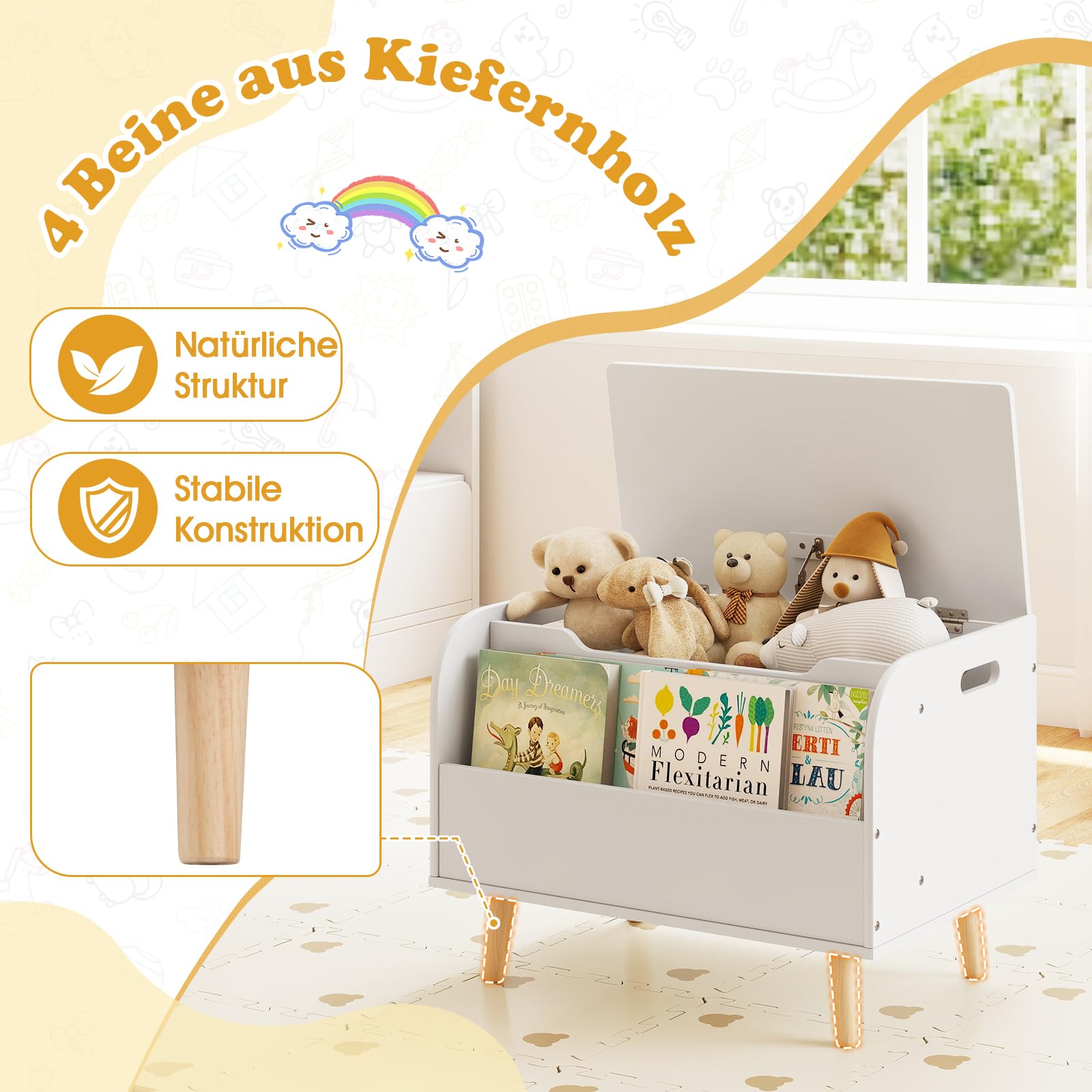 COSTWAY Spielzeugtruhe mit Deckel, 2 in 1 Spielzeugkiste aus Holz mit Bücherregal, Sitztruhe mit Stauraum, Spielzeug Aufbewahrung montessori für Kinderzimmer, Spielzimmer, 60 x 40 x 43 cm (Weiß)