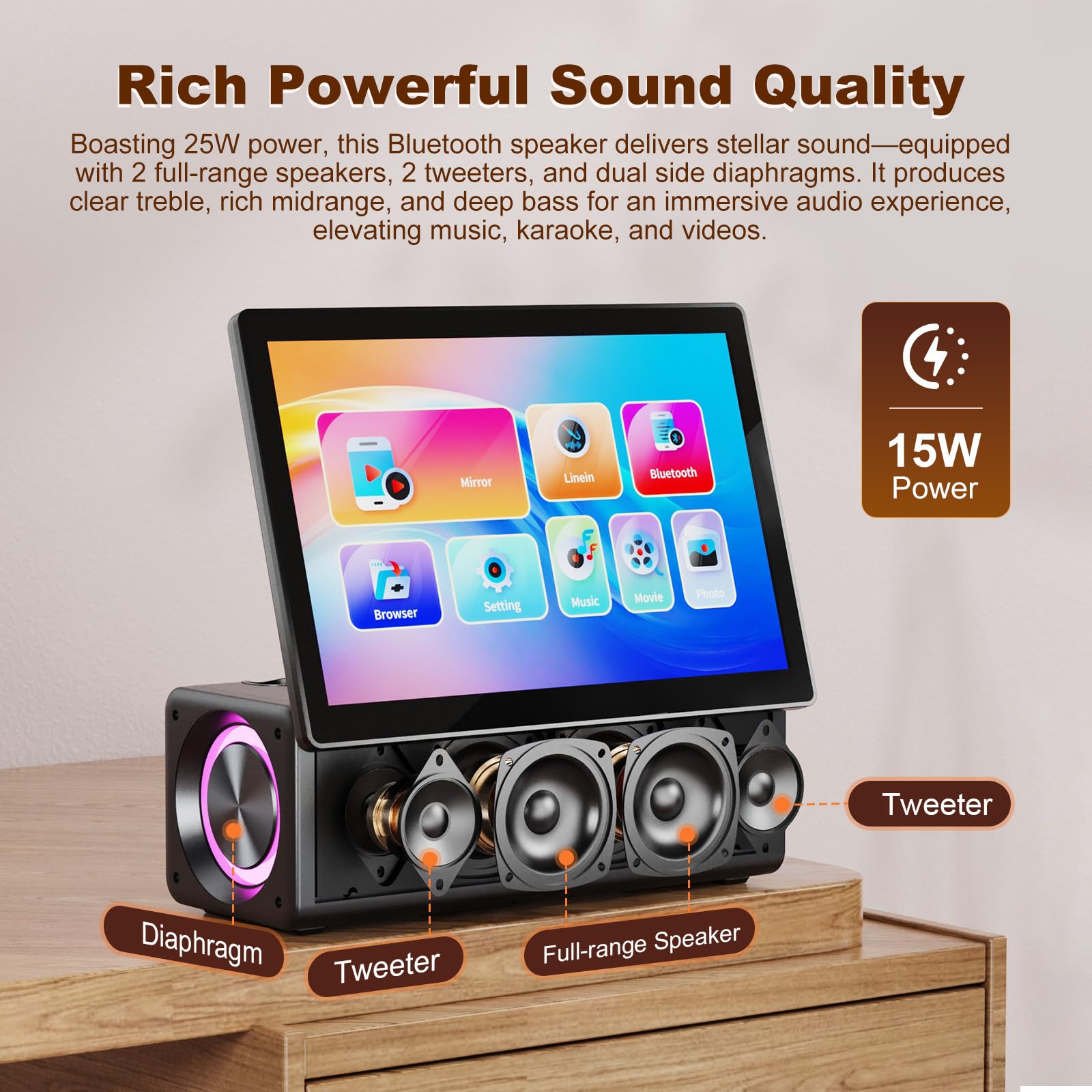 Tragbare Karaoke-Maschine mit 14,1-Zoll-HD-Drehbildschirm, kabelloser Bildschirmspiegelung für Android und iOS, Bluetooth-Party-Lautsprecher mit Liedtextanzeige und Beleuchtung, 2 Mikrofone