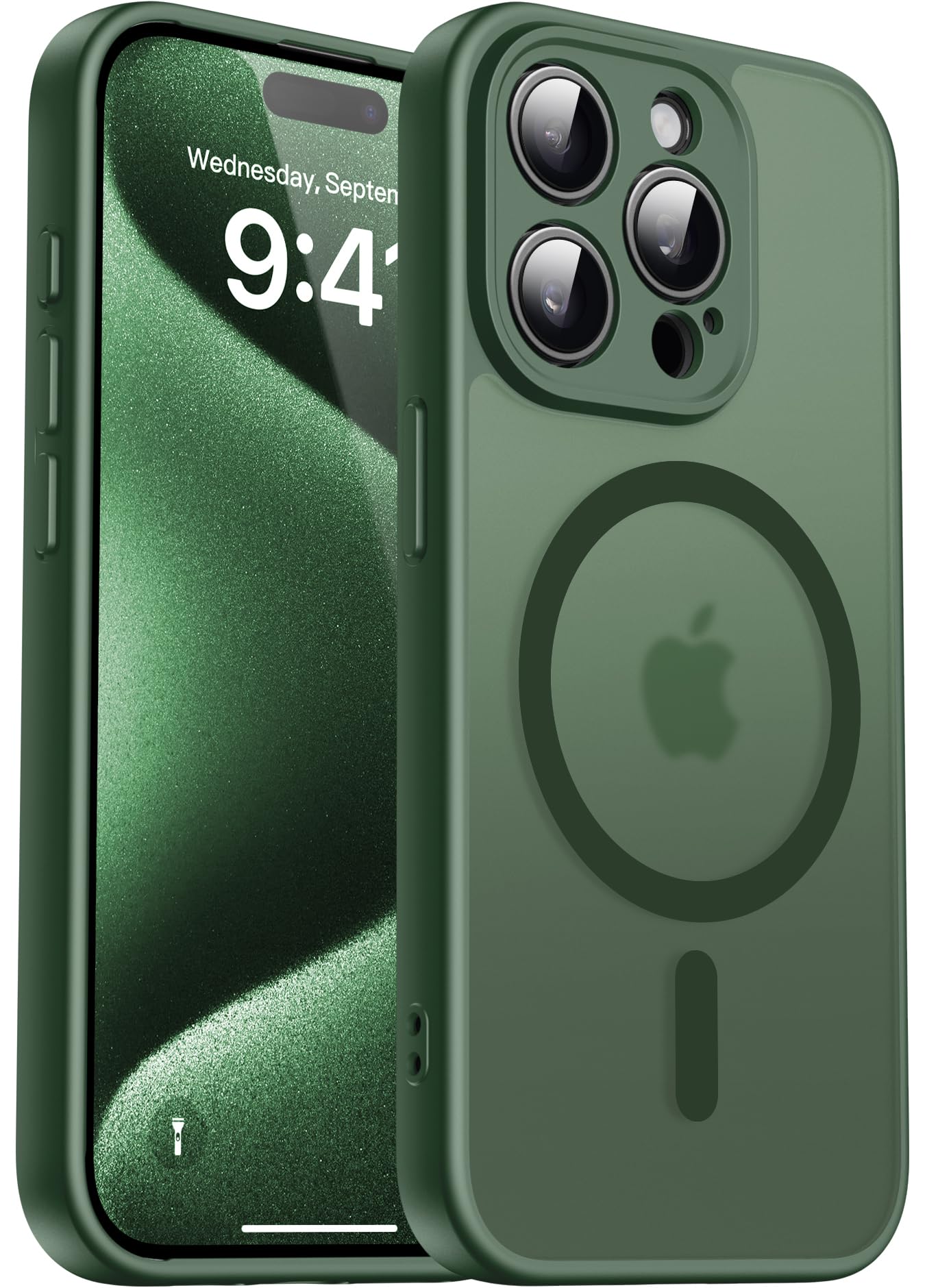 Natiiozie Magnetisch Hülle für iPhone 15 Pro Max Kompatibel mit MagSafe, Kameraschutz FallSchutz Handyhülle, Stoßfest Kratzfest Schutzhülle Transluzente Matt Rückseite 6.7 Zoll Case Dunkelgrün