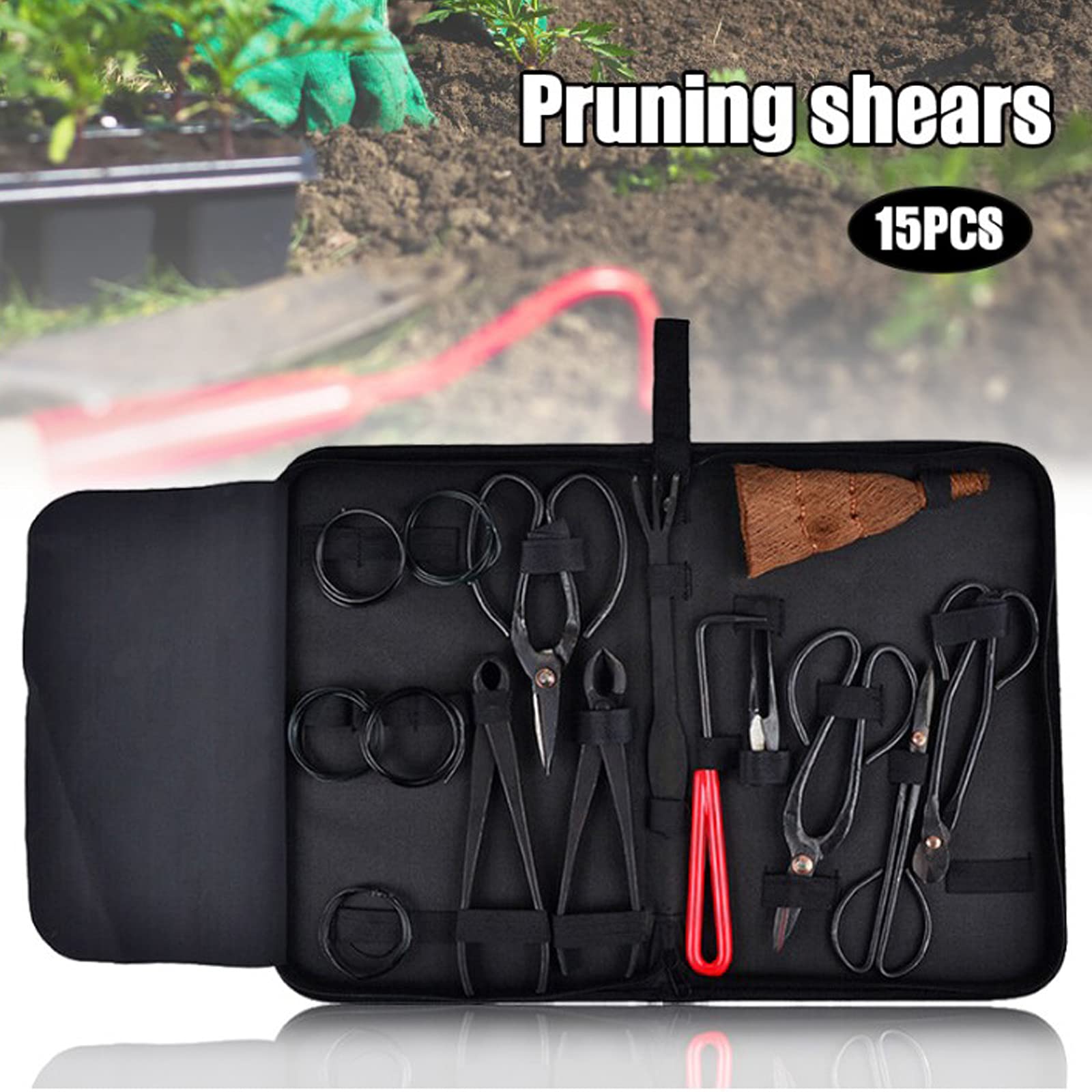 Holzsammlung Tuingereedschapsset, 15 stuks, zwaar belastbaar, koolstofstaal, tuiniersset met tuinschaar, bonsai-schaar, bonsai-draad, pincet, bonsai-startergereedschapsset voor bonsai beginners, #B