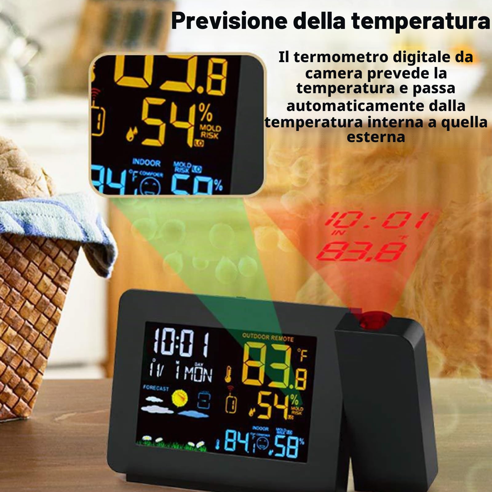 Stazione Meteo, Stazione Meteorologica Termometro per Interni Ed Esterni, Orologio con Trasmissione 60M, Funzione di Proiezione, Previsione Della Temperatura, Igrometro Digitale per Casa