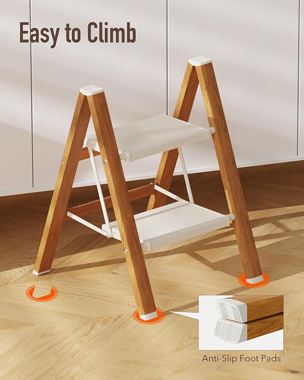 Mayi Plus 2-Step Aluminum Ladder,Lightweight Folding Step Stool with Extra-Wide Anti-Slip Steps,330 lbs Capacity,Compact Space-Saving Design for Home,Kitchen and Office（White&Woodgrain） by mayi plus - Image 6
