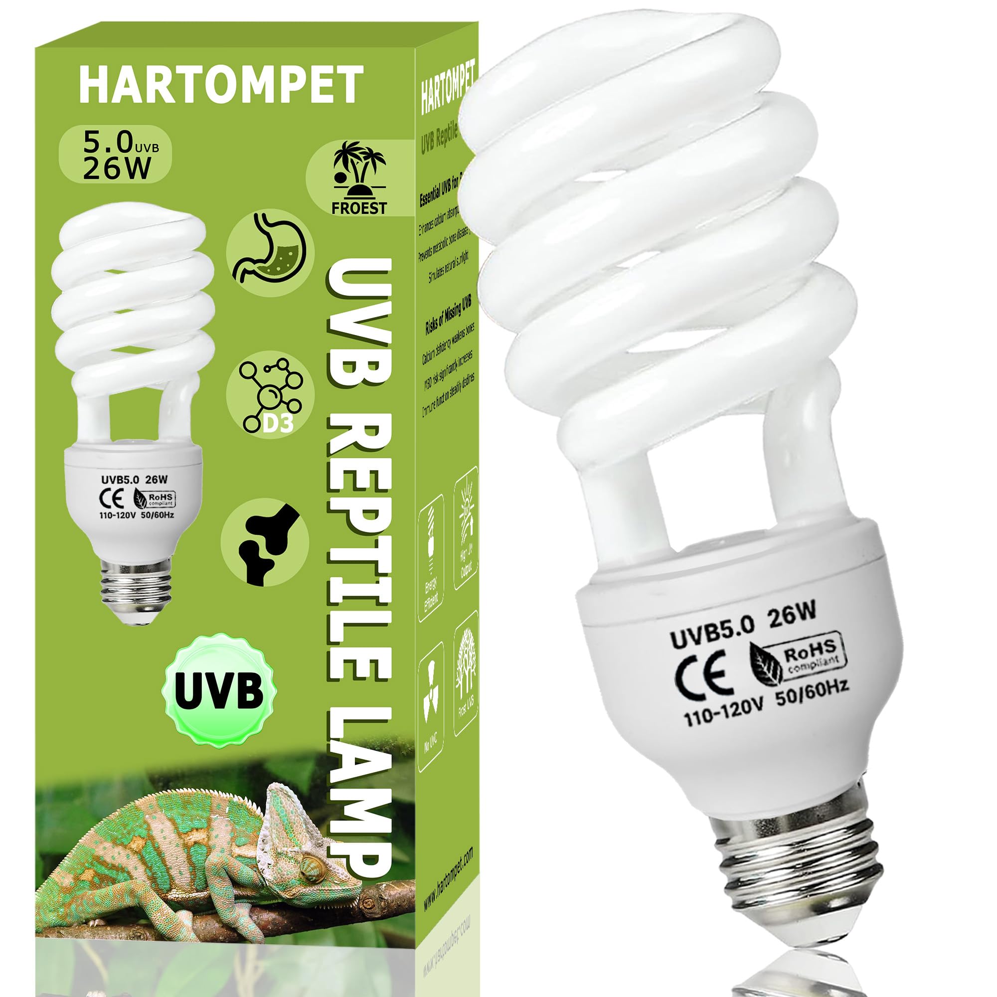 UVB 5.0 Reptile Light 26W, Compact Fluorescent Lamp, Coil UVB Bulb for Tropical Reptiles, Chameleons, Iguanas, Lizards & Terrariums