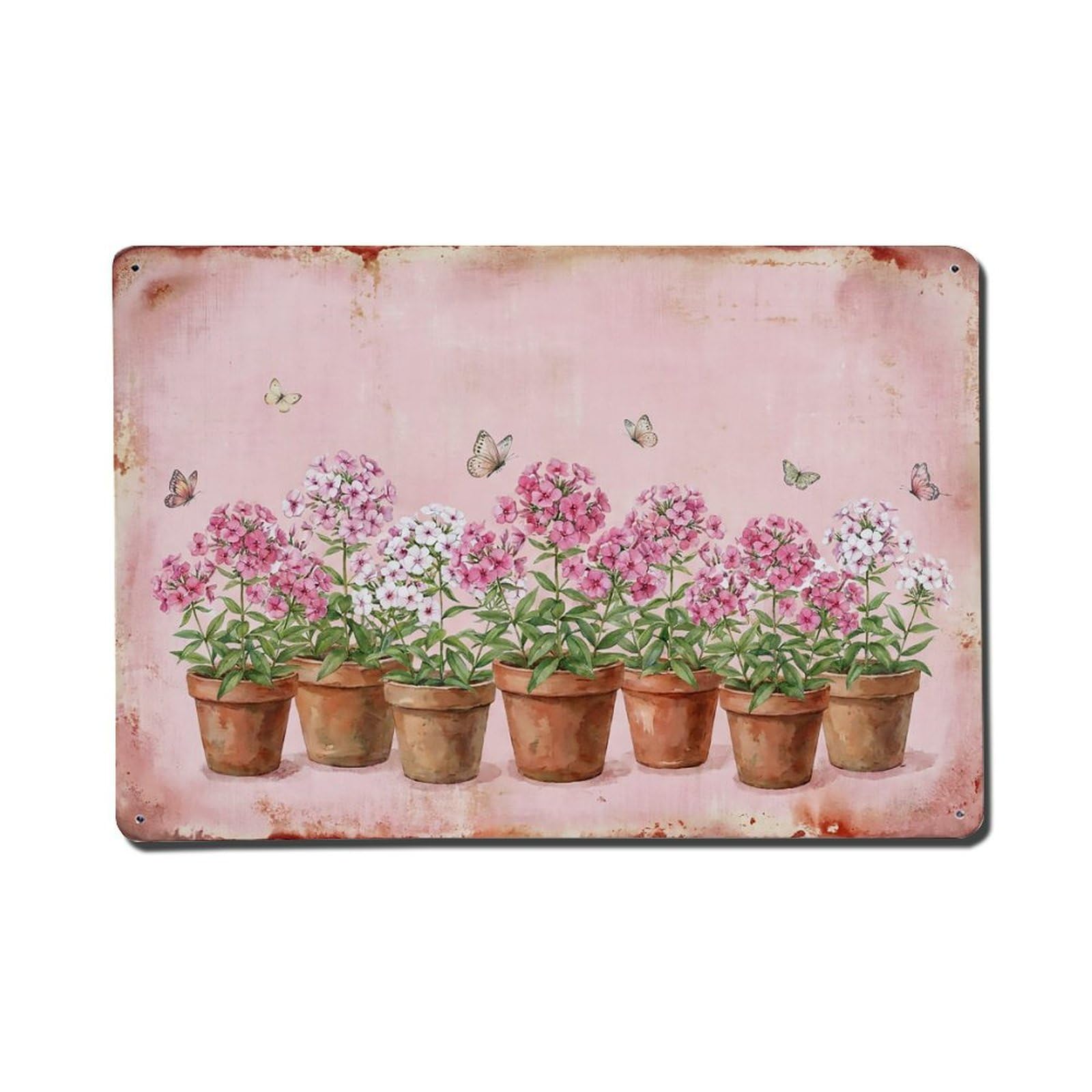 Vintage Rustic Flower Potted Plants Phlox Metal Tin Sign