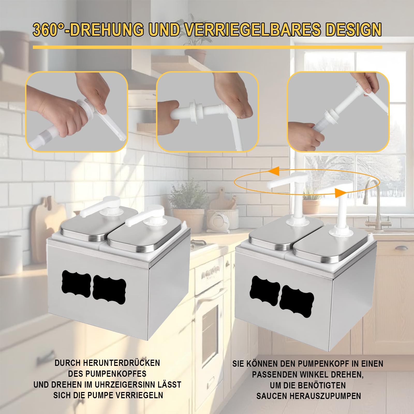 Dispensador de salsa de 5 litros con 4 bombas de acero inoxidable, dispensador de salsa gastro, sin goteo, para salsa de soja, ketchup, mayonesa, mostaza, miel, mermelada