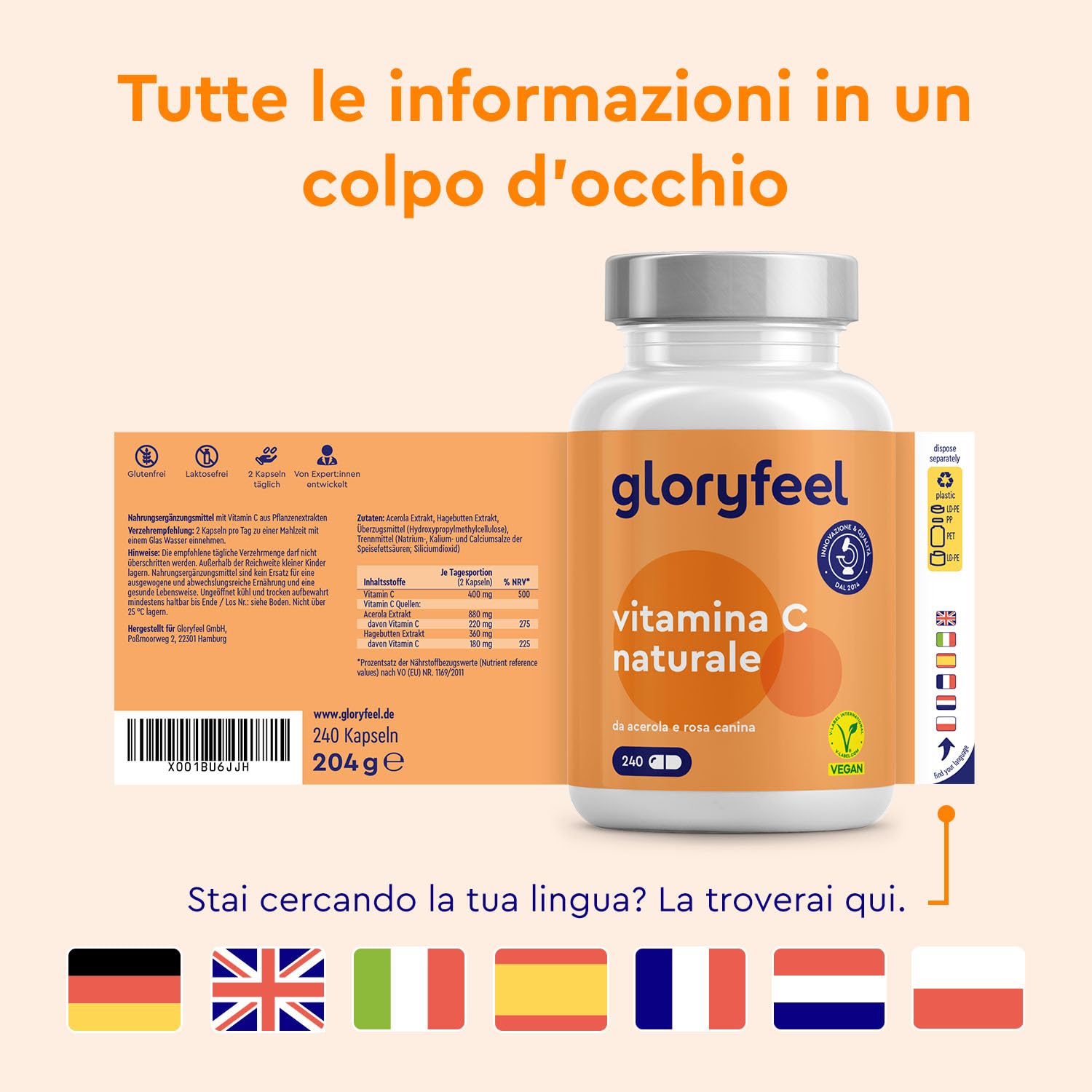 Vitamina C Naturale 240 Capsule, Vitamina C Acerola e Rosa Canina, 400 mg Vitamina C Pura per Dose Giornaliera, Vitamina C Capsule, Integratore Difese Immunitarie, 100% Vegan e Naturale