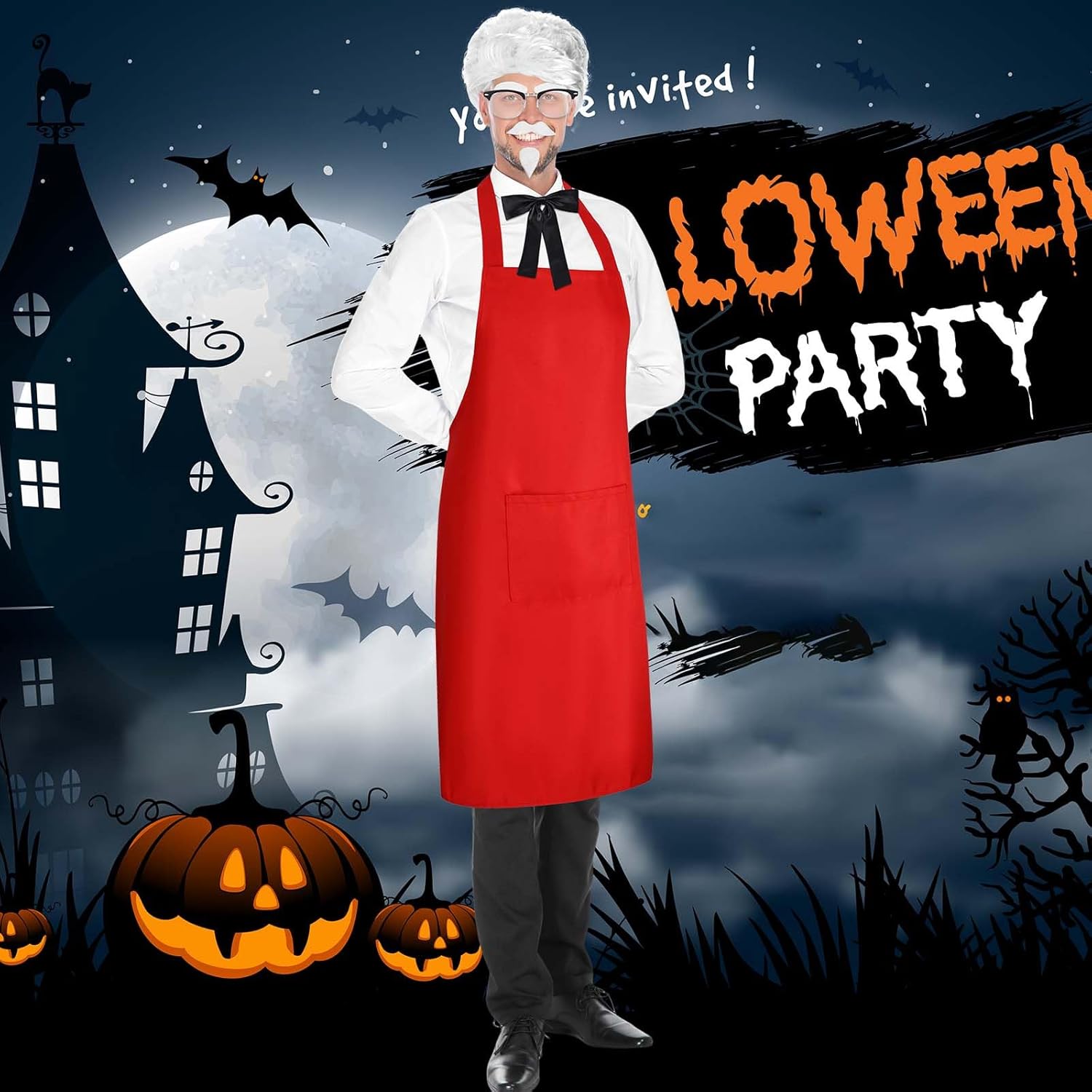Halloween Fast Food Couple Costume Include Apron,Glasses,Beard,Mustache,Bowtie and Chick Costume Set for Adults Party Dress Up - Image 8