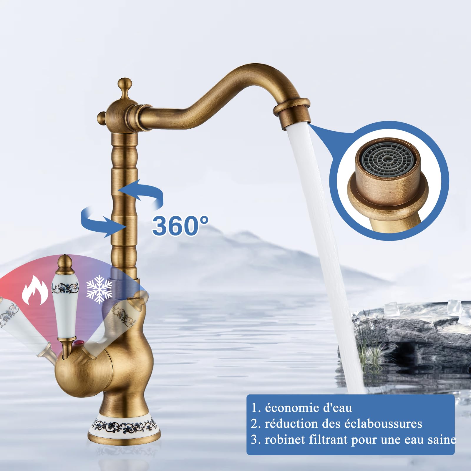 Robinet Mitigeur Cuisine Salle de Bains Cuivre Antique Levier Unique Bec Pivotant Style Rétro