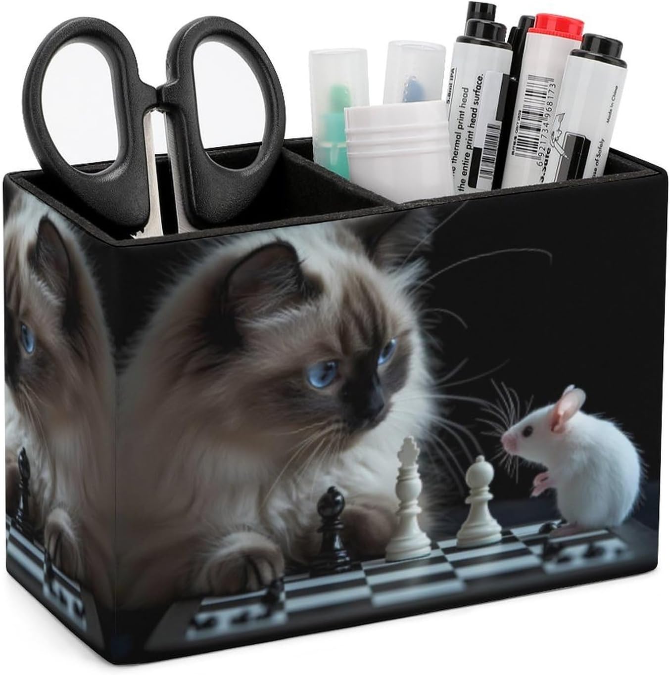Cute Cat And Rat Playing Chess Pencil Pen Holder PU Leather Desk Storage Organizer Makeup Brush Box