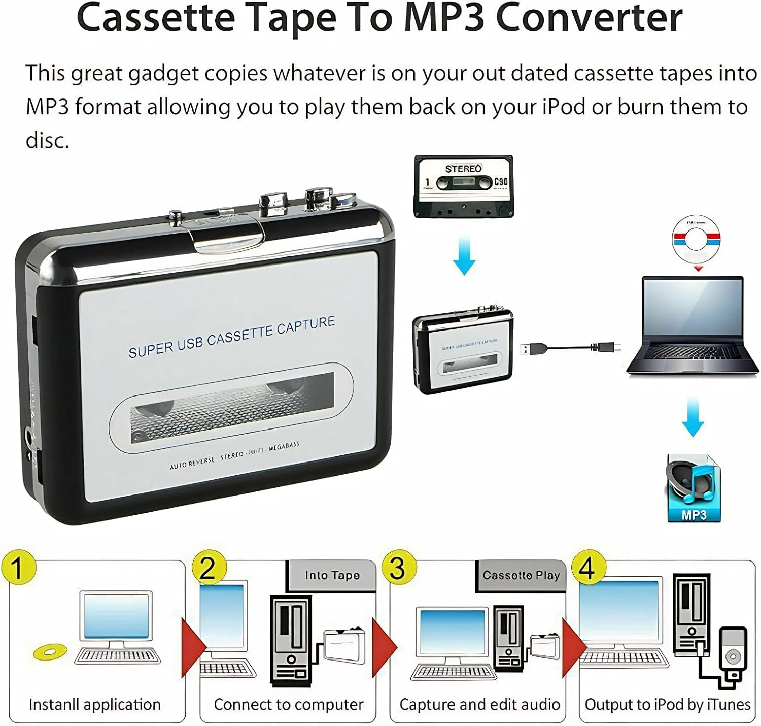 Cassette to MP3 Converter with USB Power Supply, Plug and Play Tape Player for MP3 Conversion, Includes Audacity Software
