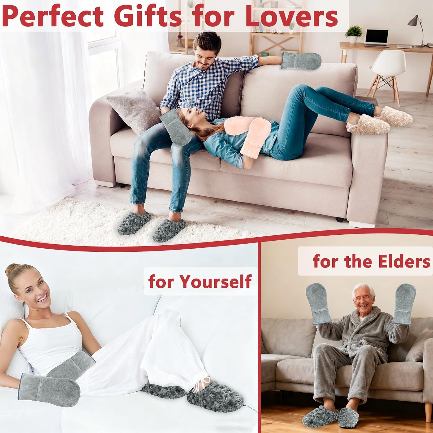 Microwavable Hand Warmers Gloves & Microwavable Slippers Set, Moist Heat Therapy for Hand & Foot,Microwave Heating Gloves & Microwave Feet Warmers for Bed, Washable Covers, Grey, L