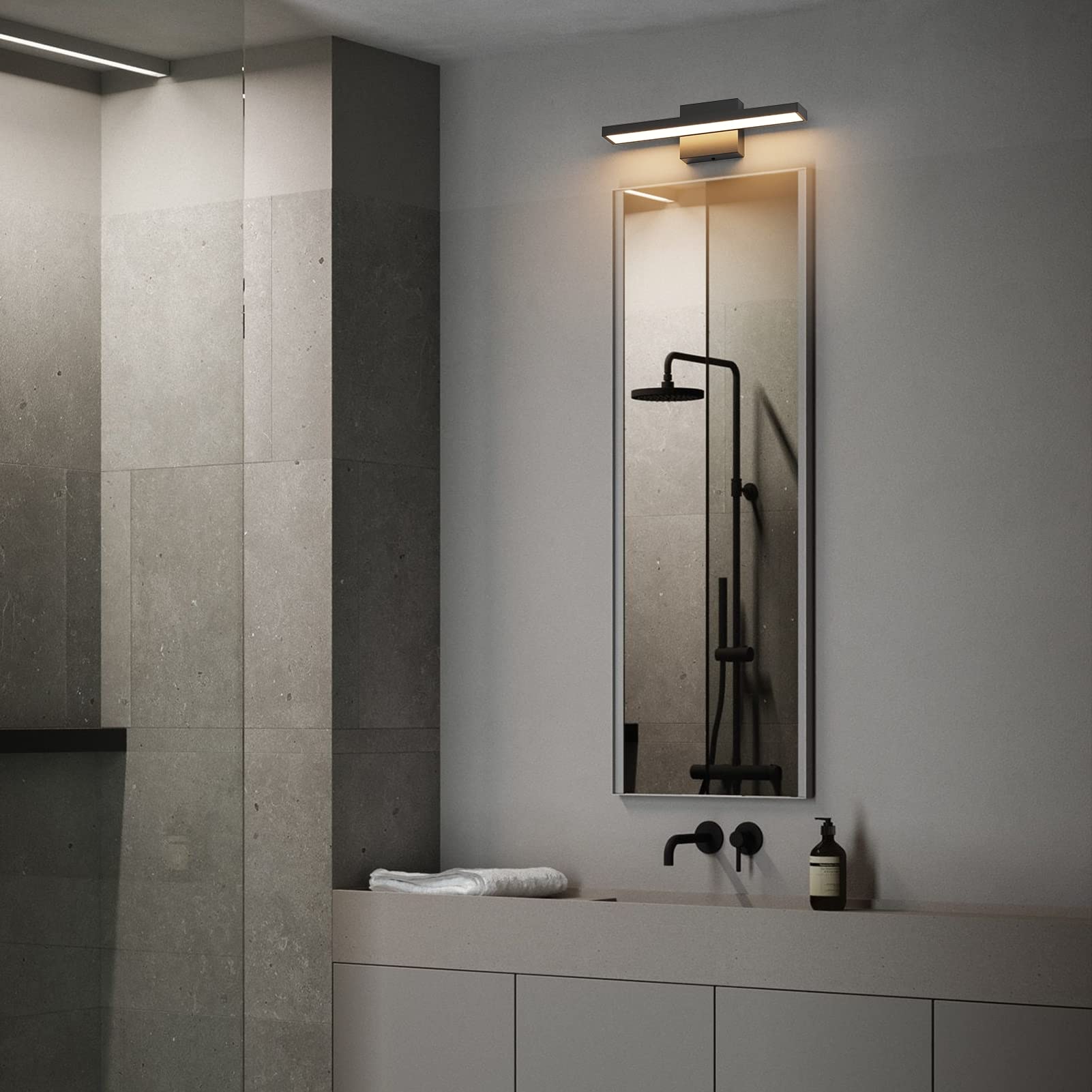 Klighten Lampada a LED per specchio da bagno, 40 cm, 12 W, IP44, lampada da bagno, lampada da bagno, lampada da parete, moderna, 1080 lm, 3000 K, luce bianca calda, 60 LED, 110 V-240 V, nero