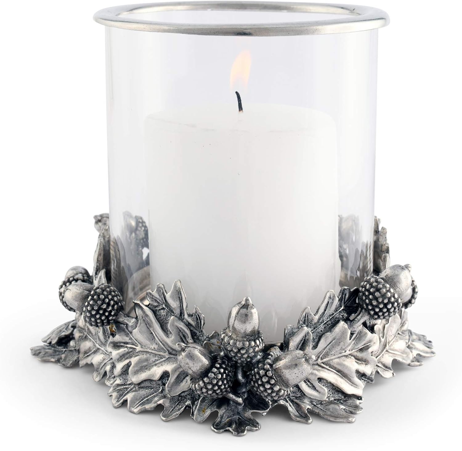 Vagabond House Acorn Oak & Leaf Pewter Metal Hurricane Candlestick Holder 6 inch Tall