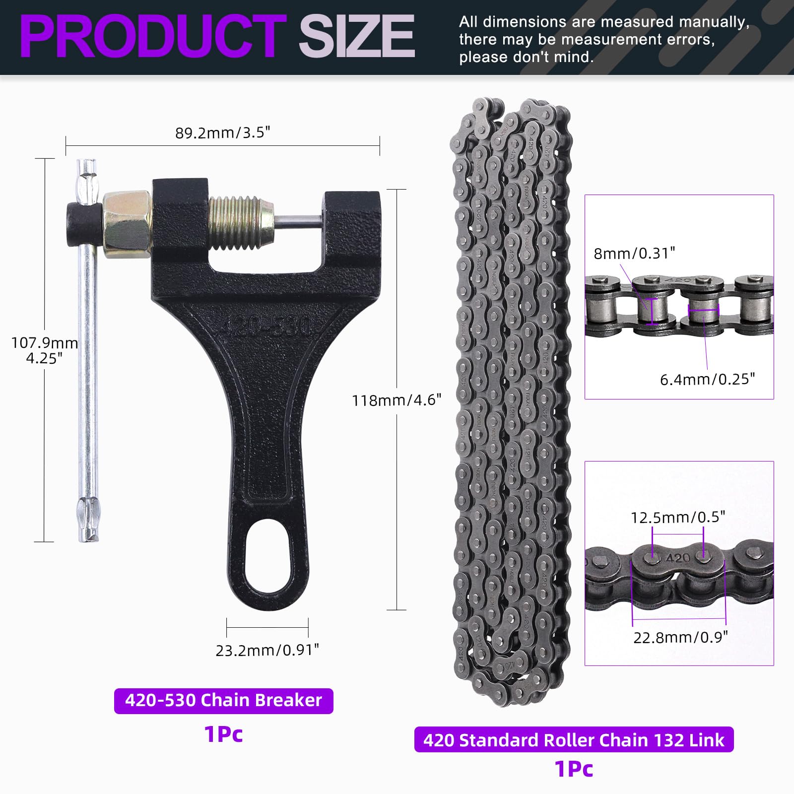 Swpeet Set di 2 catene standard per scooter da 59", 420, 132 pezzi sinistro e frantoio a catena, in acciaio al carbonio, adatto per 110 cc, 125 cc, Dirt Pit bike, ATV Quad Go Kart Roller