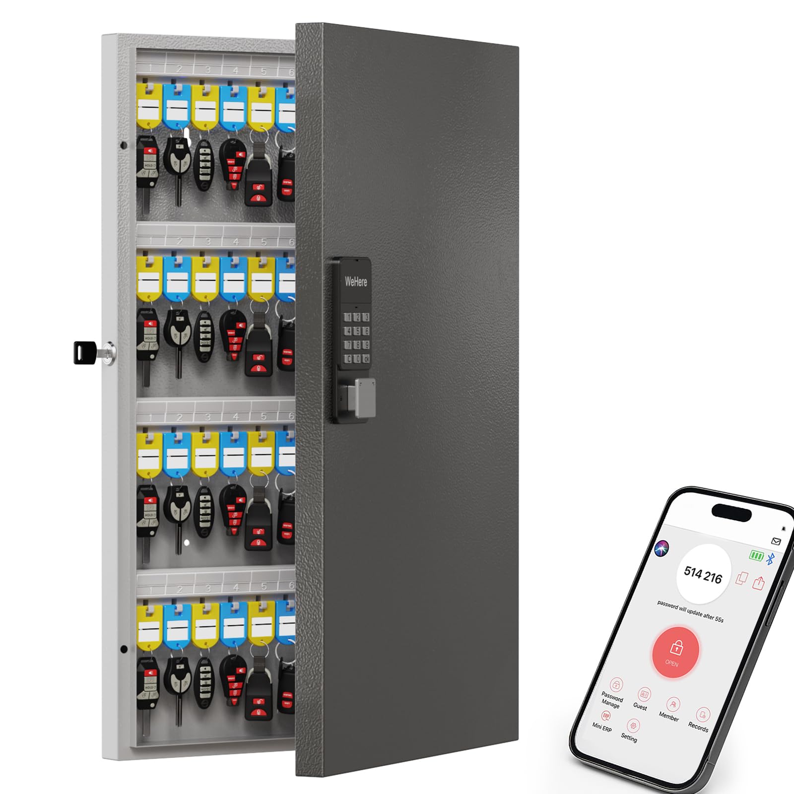 WeHere 96 Key Lock Box Wall Mount, APP Bluetooth/OTP/Wi-Fi/Fixed Code/Key Unlock, Smart Key Cabinet with Key Tag, Key Organizer Holder Box, Key Management Directory for Office, Valet, Realtor, Hotel