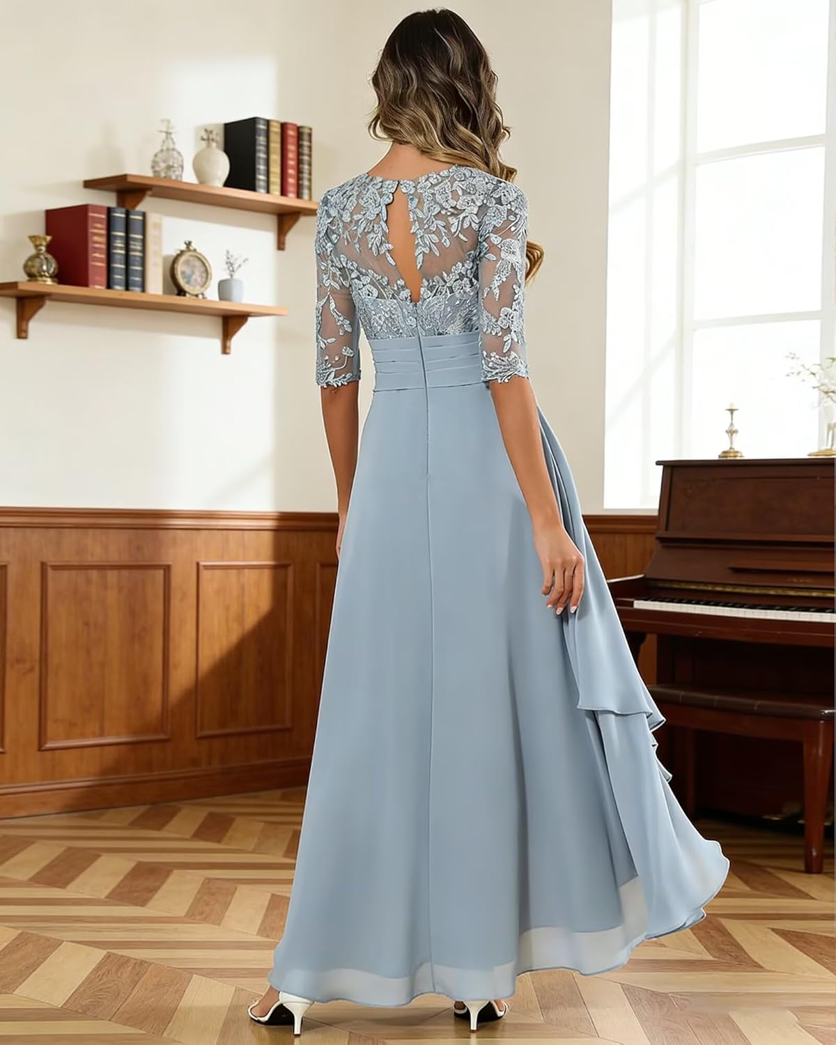 GATMAHE Tea Length Chiffon Mother of The Bride Dresses with Sleeves Lace Ruffles Long Formal Evening Gowns - Image 3